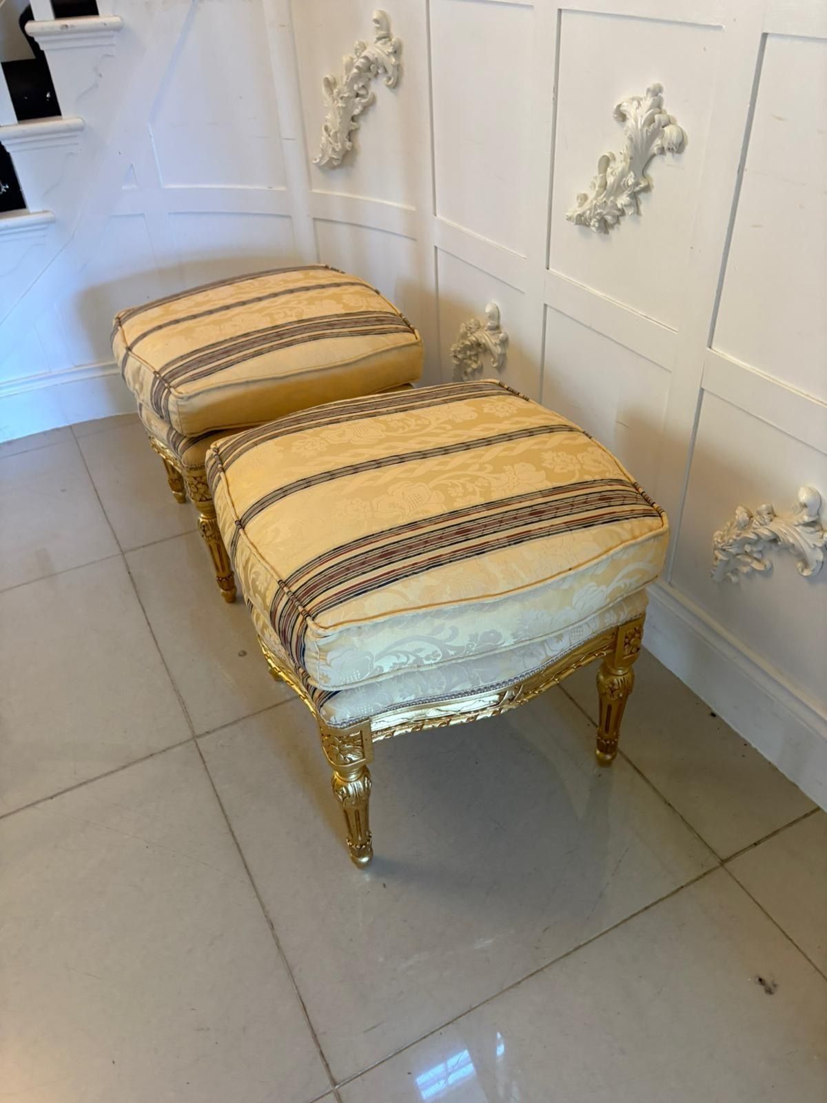 Furniture Antique Pair Carved Giltwood  Footstools Upholstered French Style photo