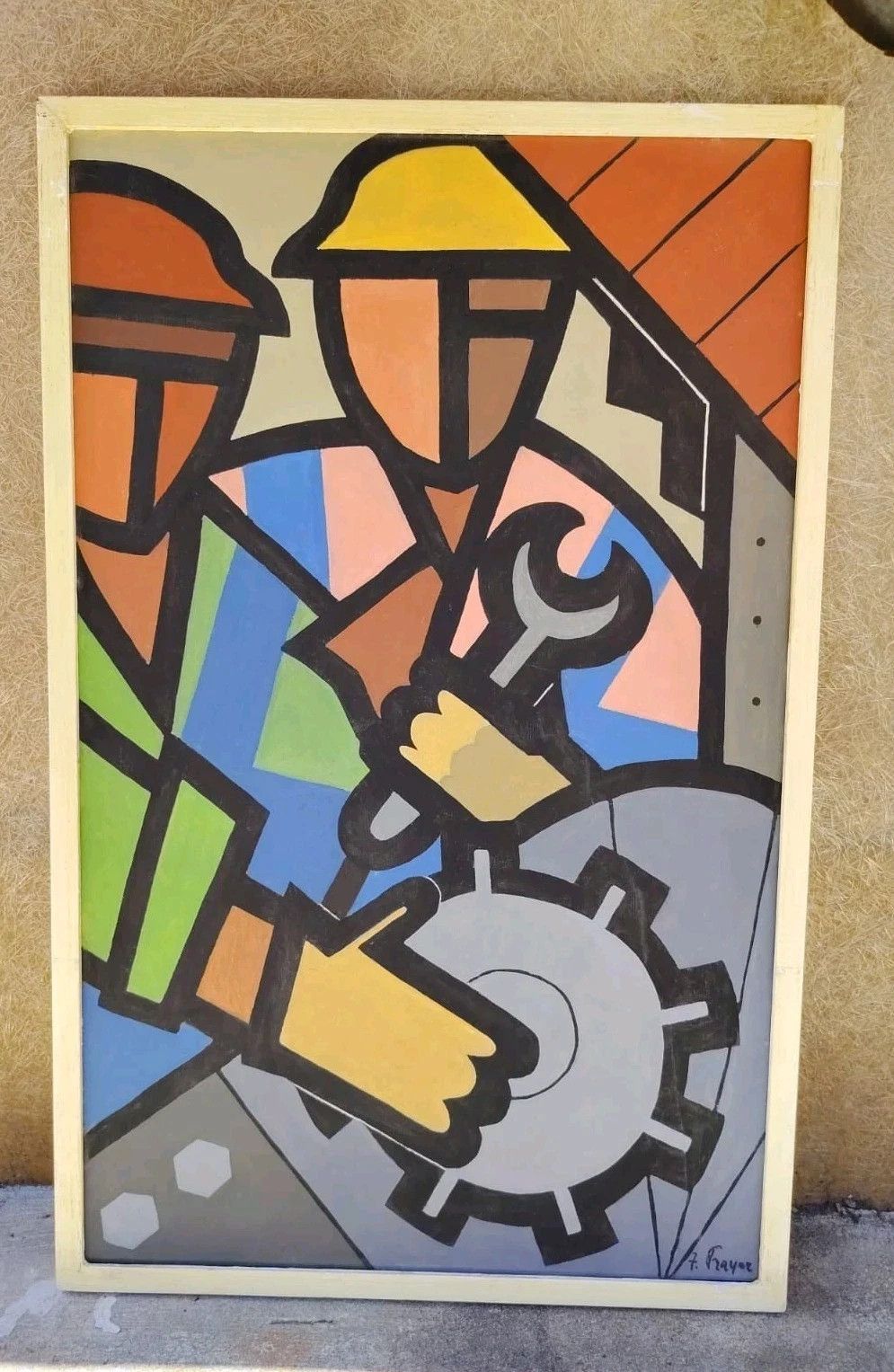 Oil Painting On Canvas "Metalworkers" Franco Prayer (1924) 80 X 5  Minimal Style photo for sale