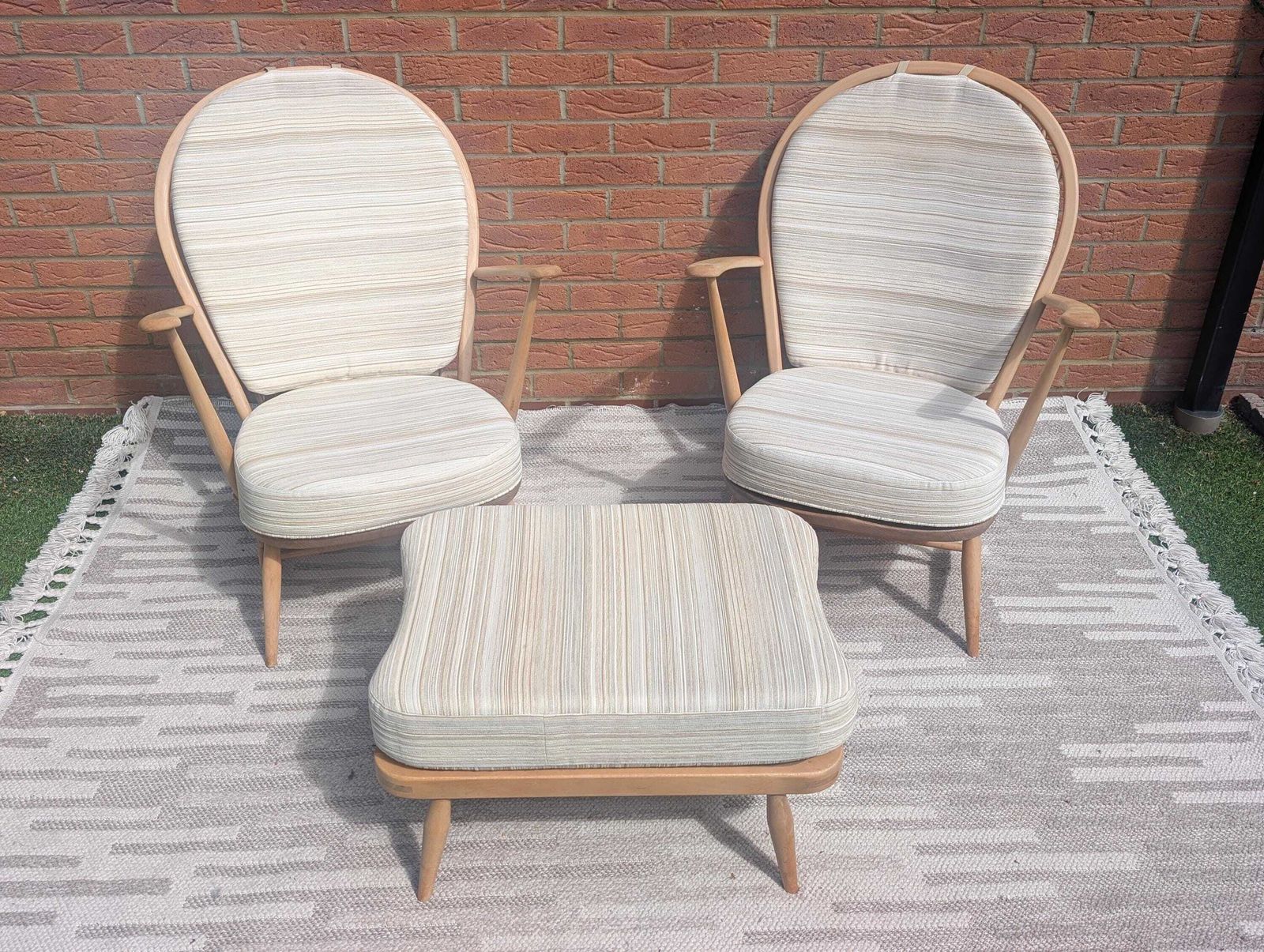 Pair Of Ercol 317 Grandfather Armchairs In Blonde Finish With Matching Footstool Including Original Cushions And Covers By Lucian Ercolani. photo furniture