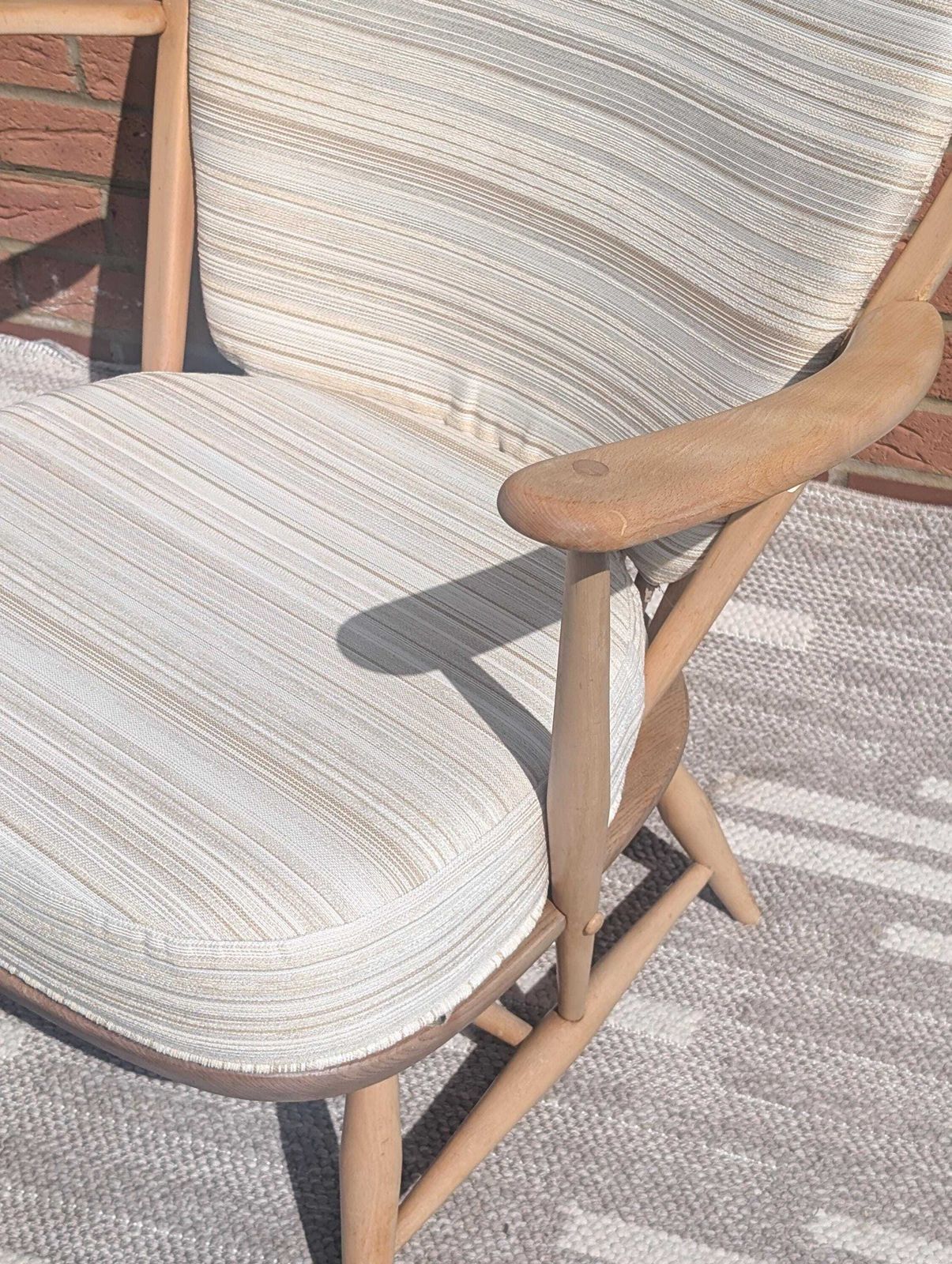 Pair Of Ercol 317 Grandfather Armchairs In Blonde Finish With Matching Footstool Including Original Cushions And Covers By Lucian Ercolani. photo buy