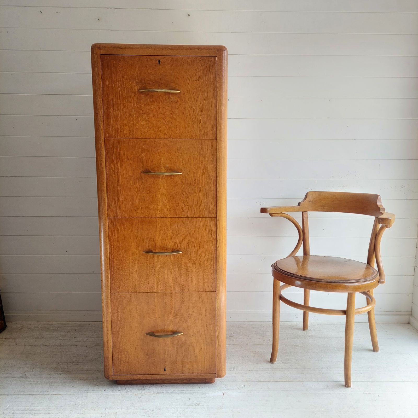 Art Deco Oak 4 Chest Of Drawers Large Filing Cabinet With Bar Drawer England 30s 40s photo for sale