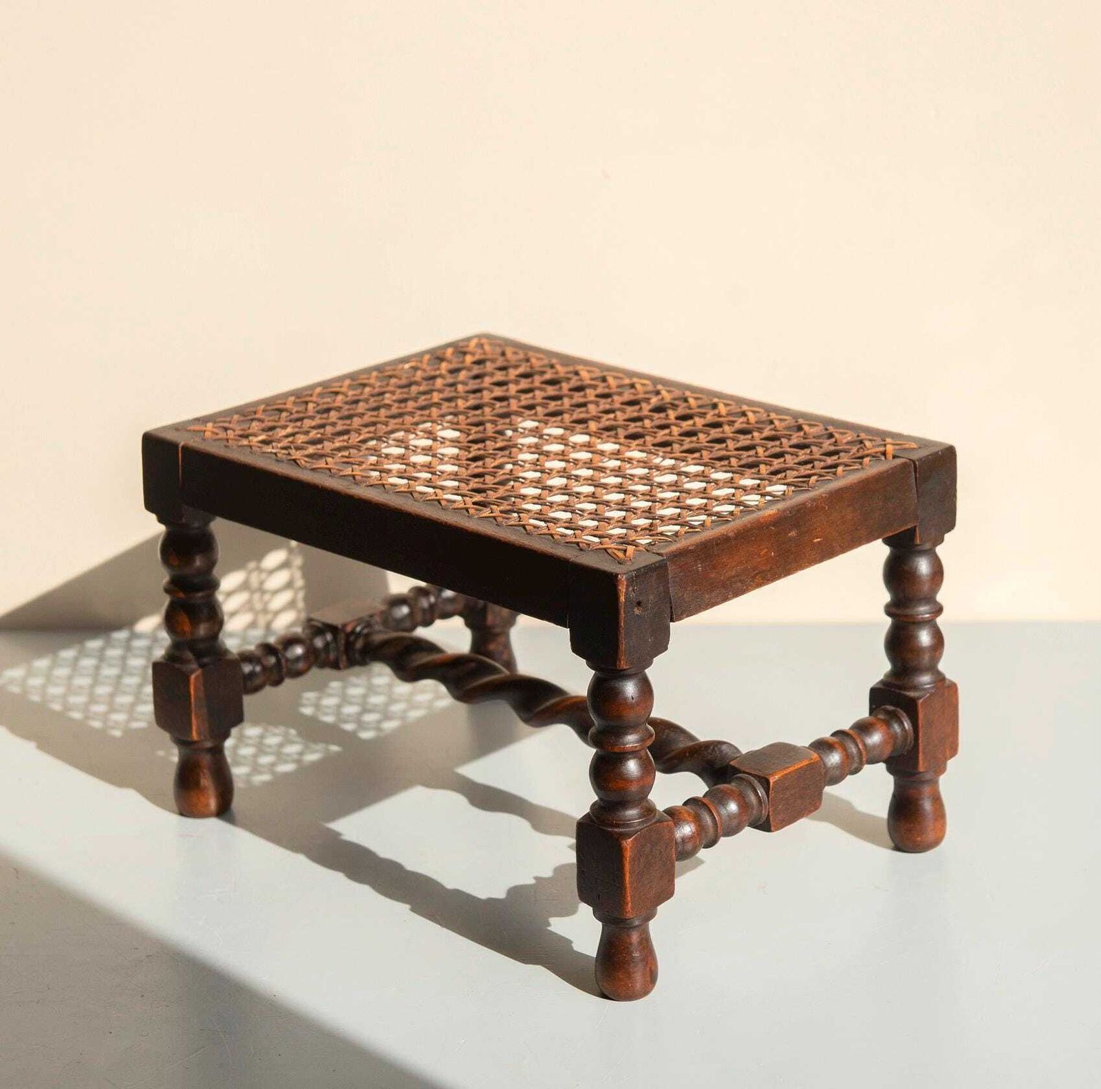 Antique Oak Barley Twist Stool   Bobbin Footstool With Cane Seat   Small English Rustic Stool photo 208.0