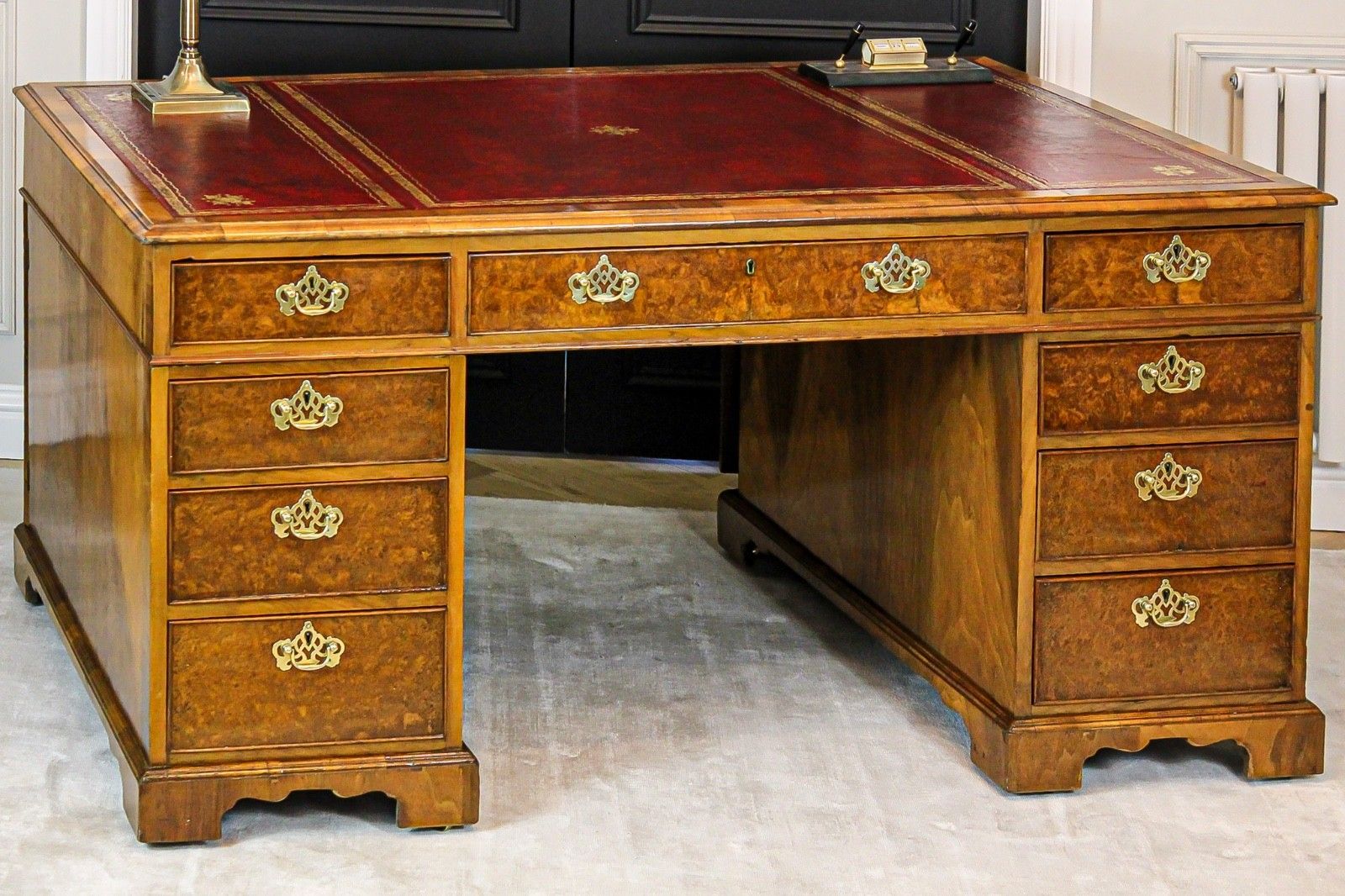 Antique Victorian Burr Walnut Twin Pedestal Partners Leather Top Writing Desk photo buy