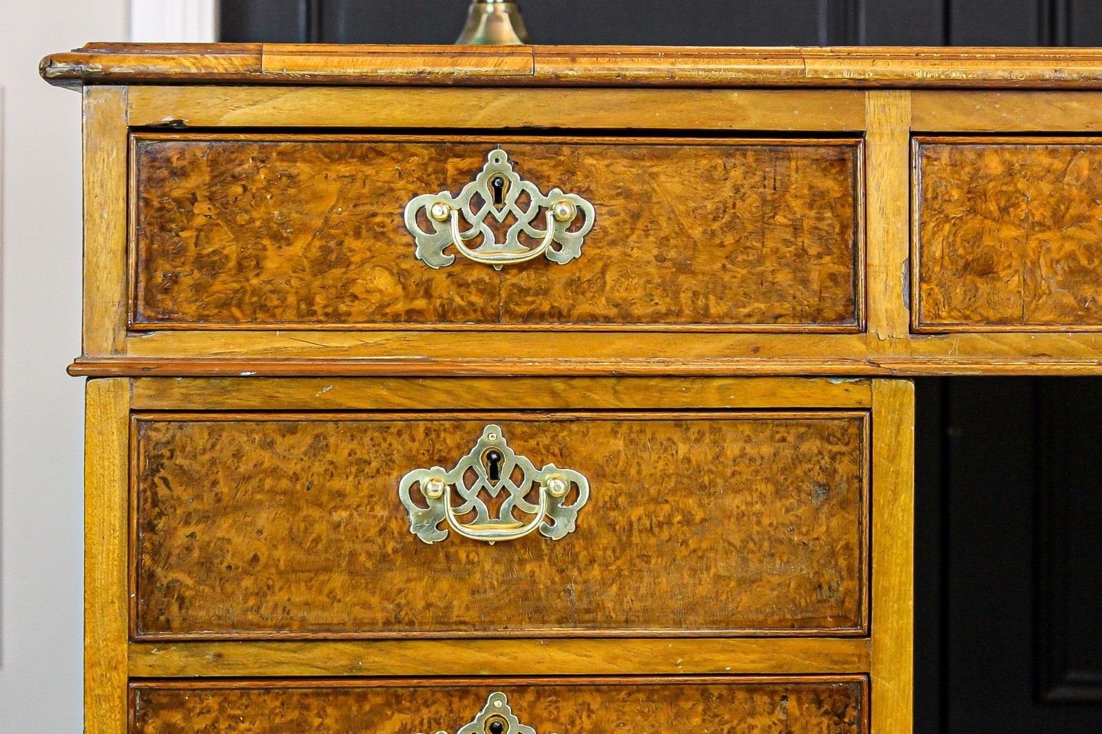 photo furniture Antique Victorian Burr Walnut Twin Pedestal Partners Leather Top Writing Desk