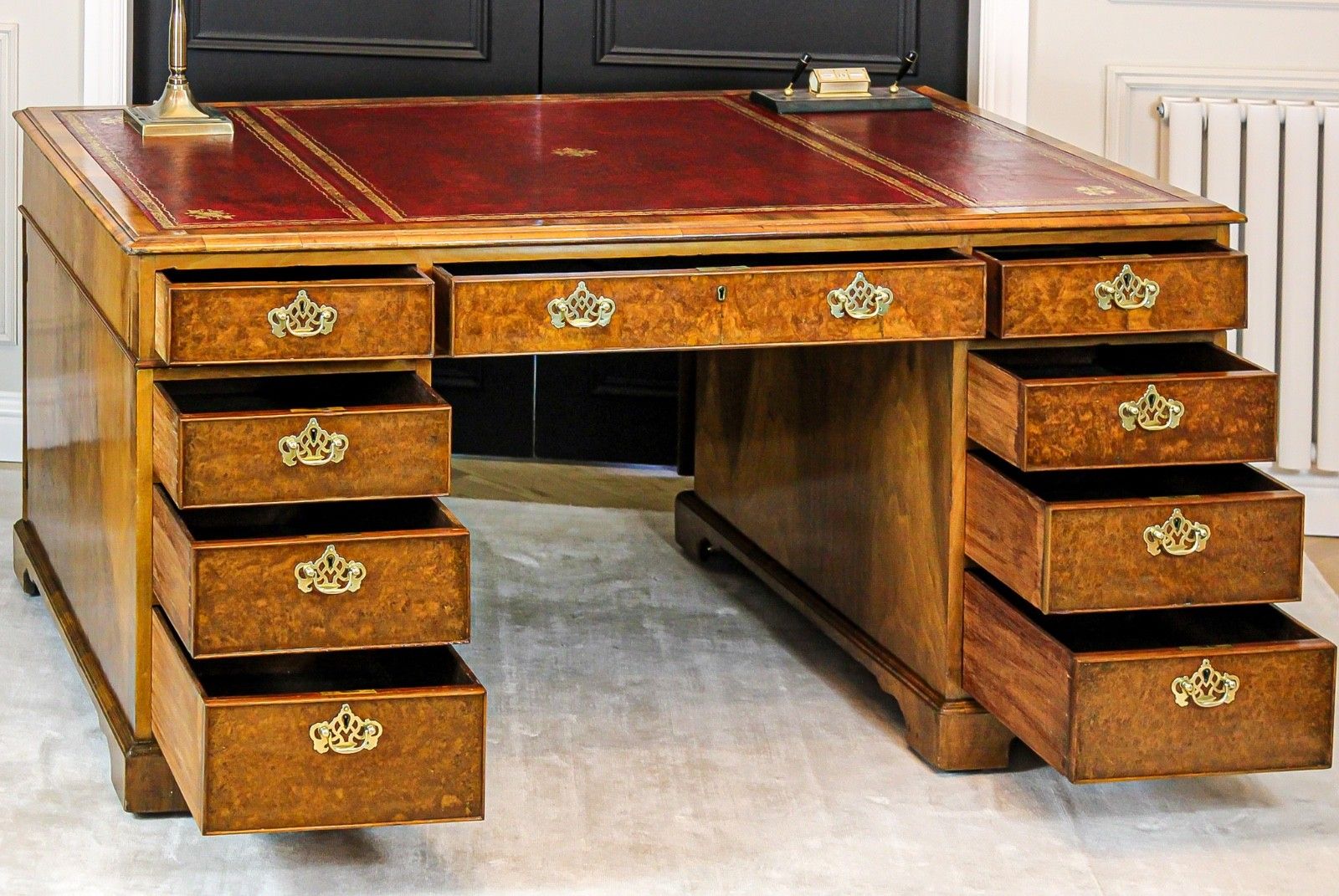 photo vinterior Antique Victorian Burr Walnut Twin Pedestal Partners Leather Top Writing Desk