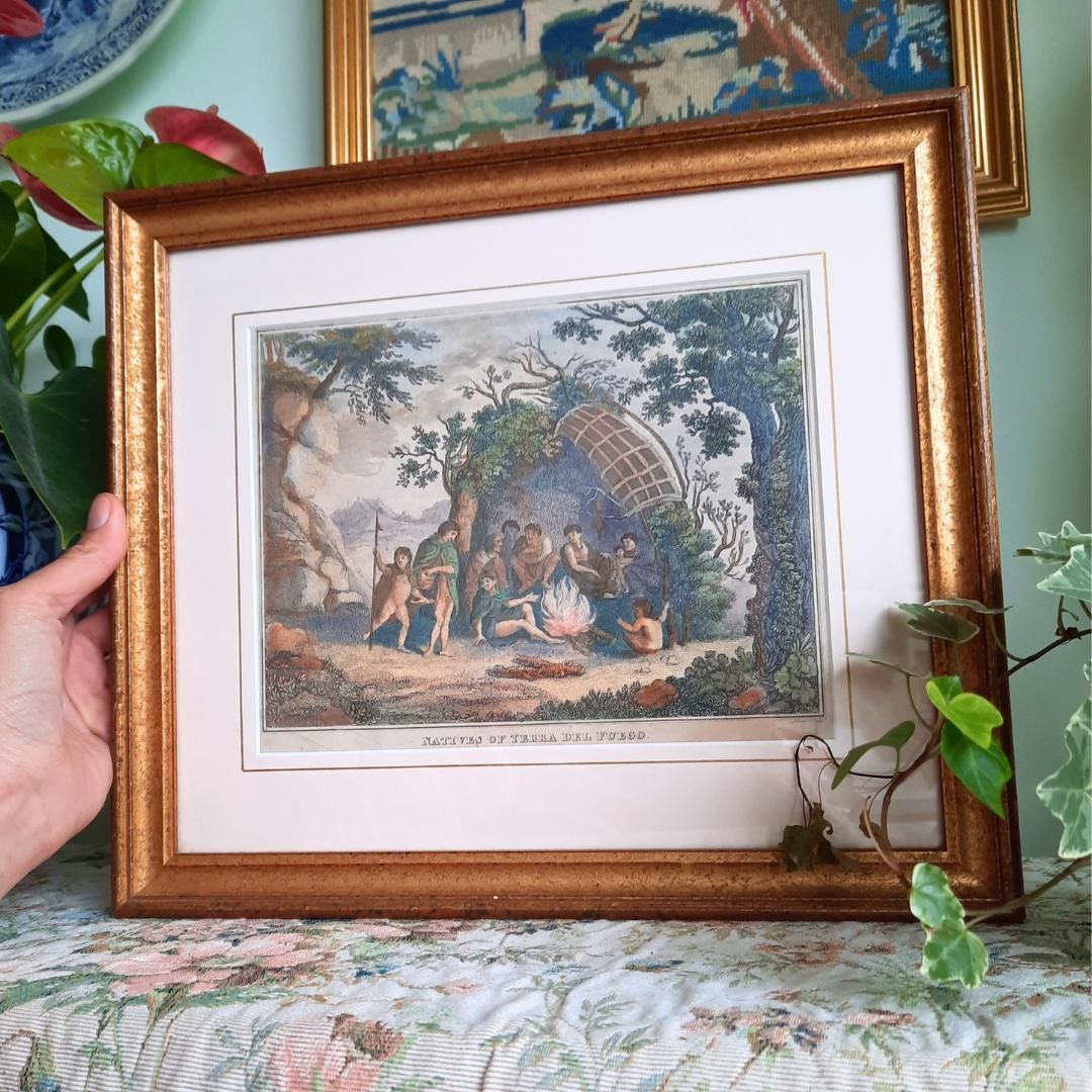 Antique Golden Framed Hand Coloured Copper Plate Engraving On Laid Paper Of Natives Of Tierra Del Fuego. Exploration Voyages