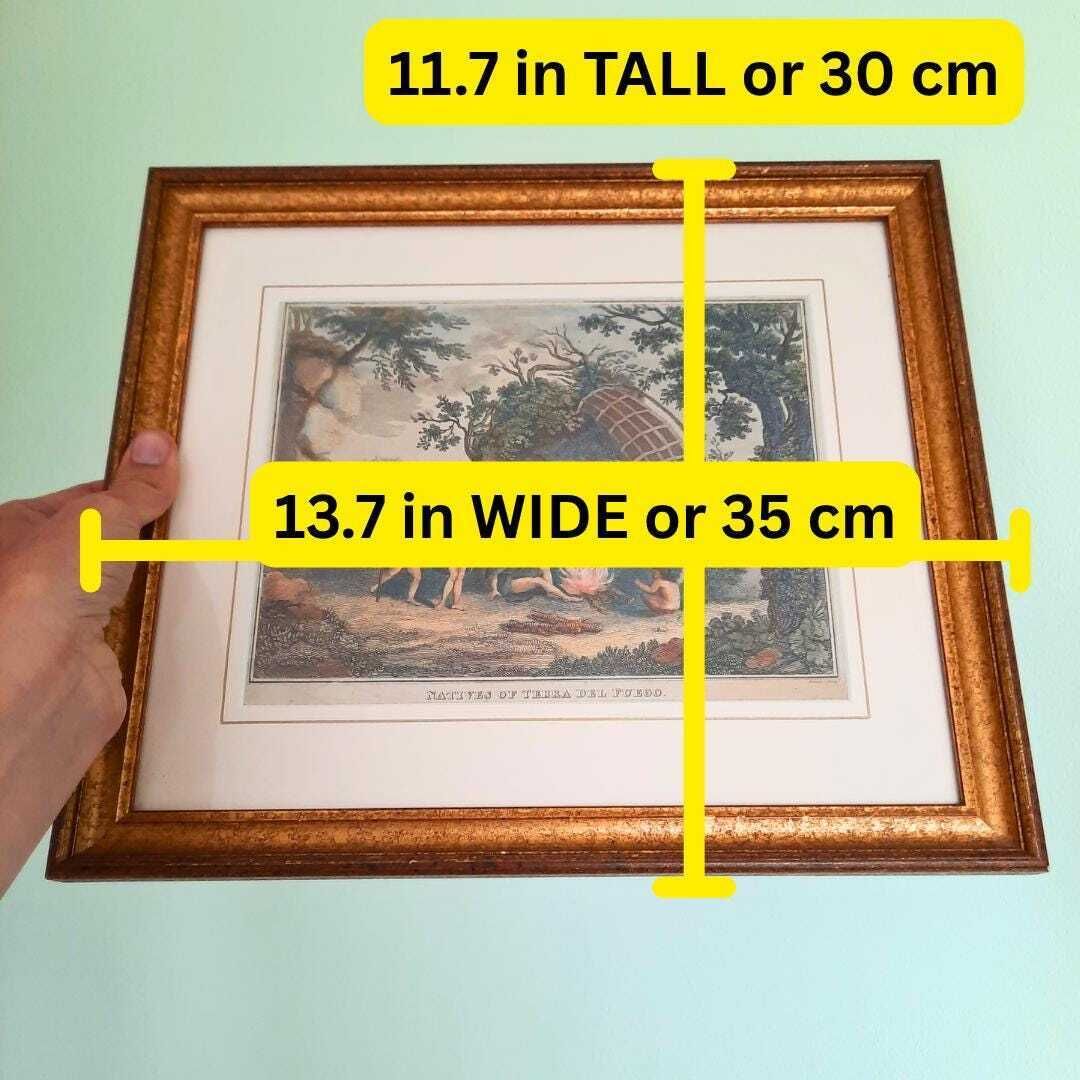 Antique Golden Framed Hand Coloured Copper Plate Engraving On Laid Paper Of Natives Of Tierra Del Fuego. Exploration Voyages photo Art