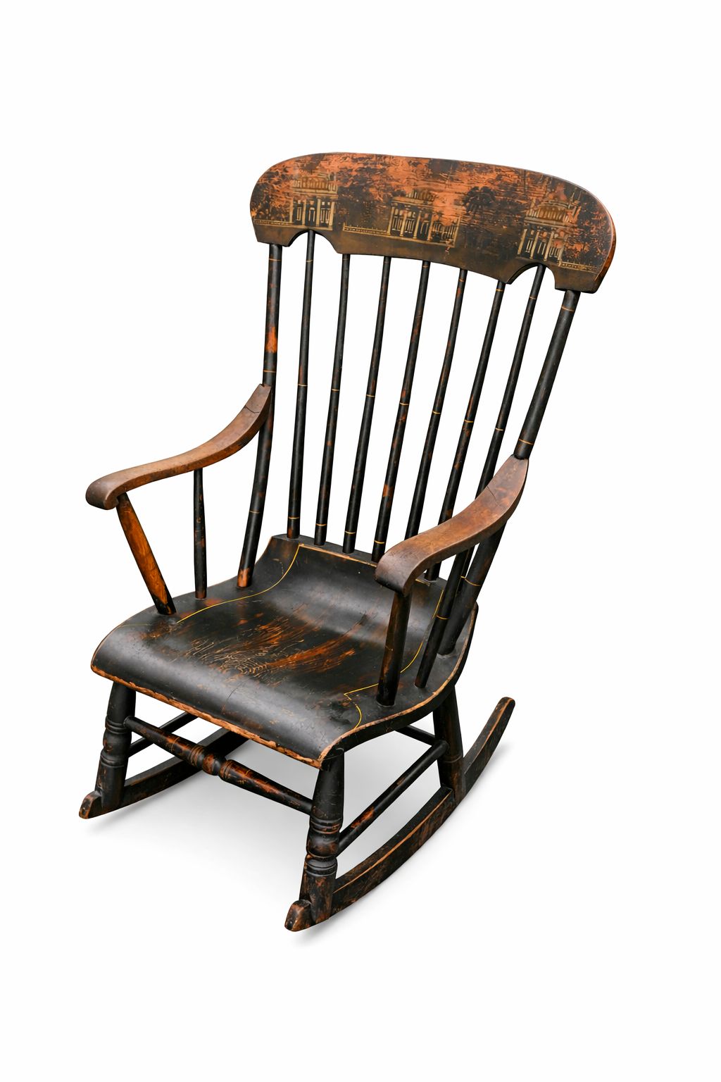 Antique Boston Rocking Chair With Gilded Illustrations C. 1820