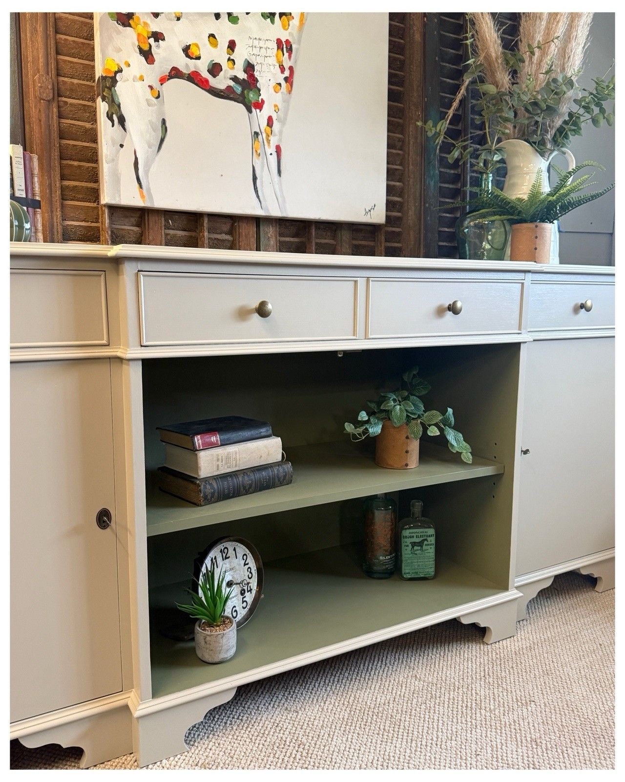 Contemporary Breakfront Sideboard/Bookcase & Keys Portland Stone & Olive 185cm photo furniture