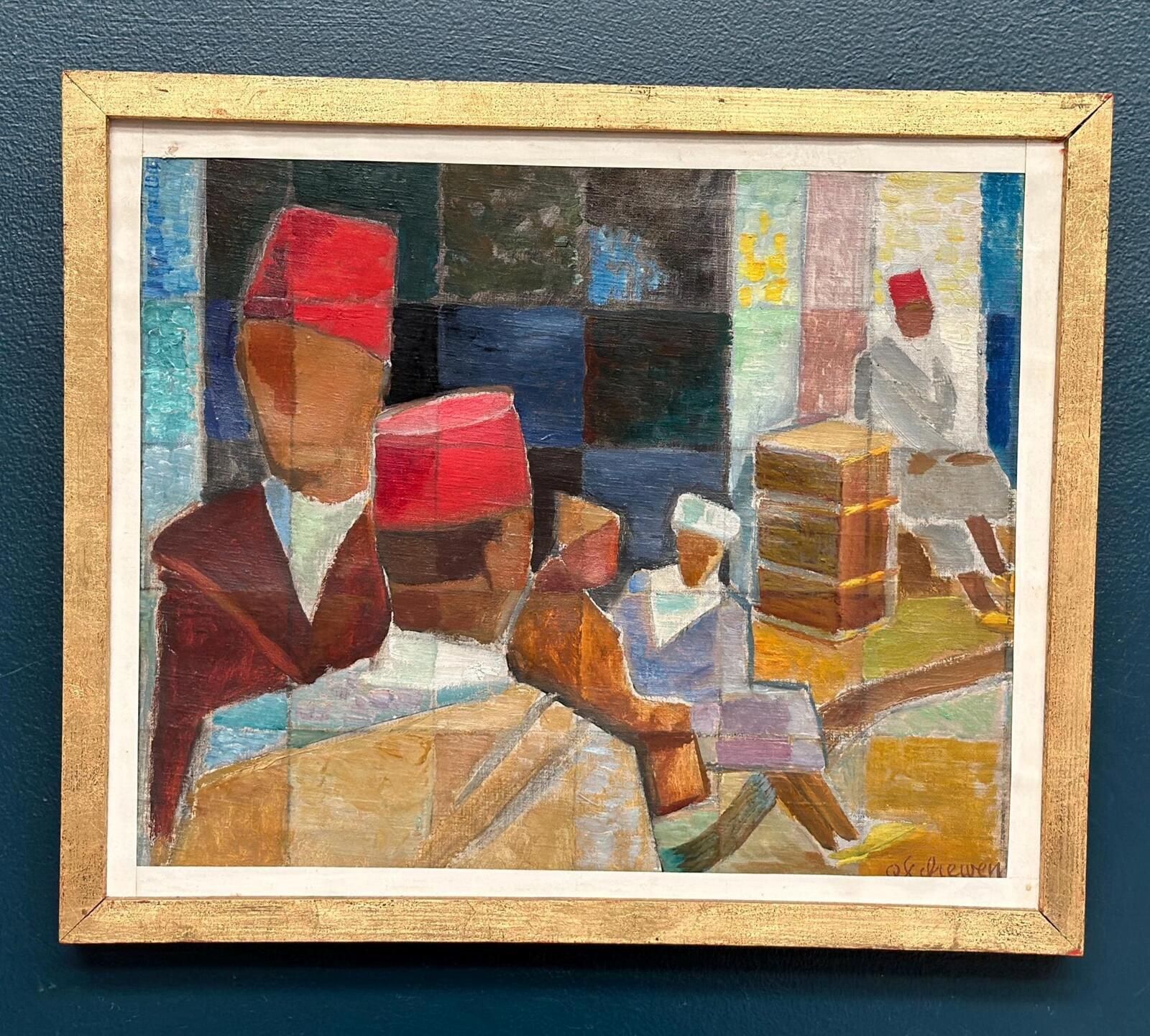 Original Mid Century Swedish Oil On Canvas – “På Gatan I Tetuan” By Olle Von Schewen Vintage & Framed 41 × 50 Cm (16.1" × 19.7") photo furniture