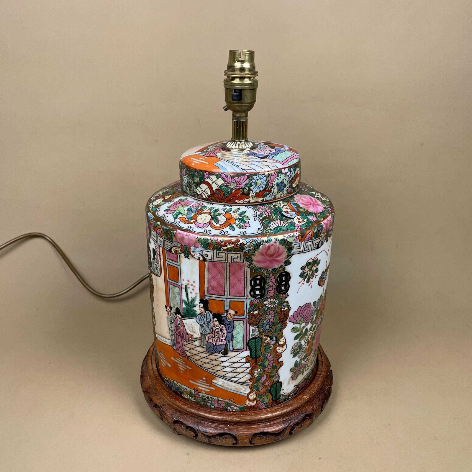 Oriental Ceramic Lamp Light Bedside Table Japanese Decor Porcelain Ginger Jar Vase Hand Painted Floral Pattern Wood Carved Base Antique photo for sale