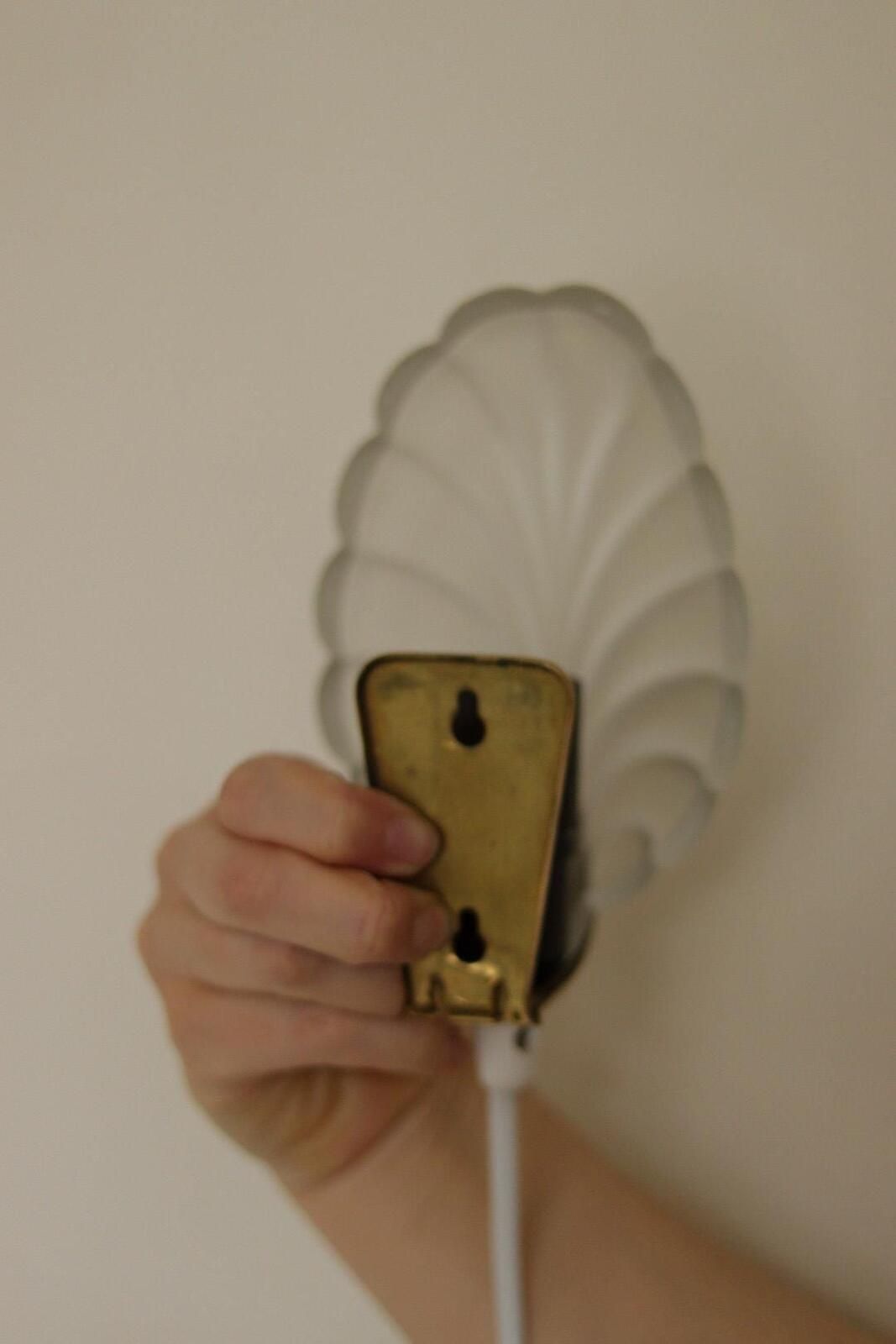 Pair Of Art Deco Brass & Glass Shell Wall Lamps – Denmark, 1930s – Rewired, Working, E14 photo vinterior