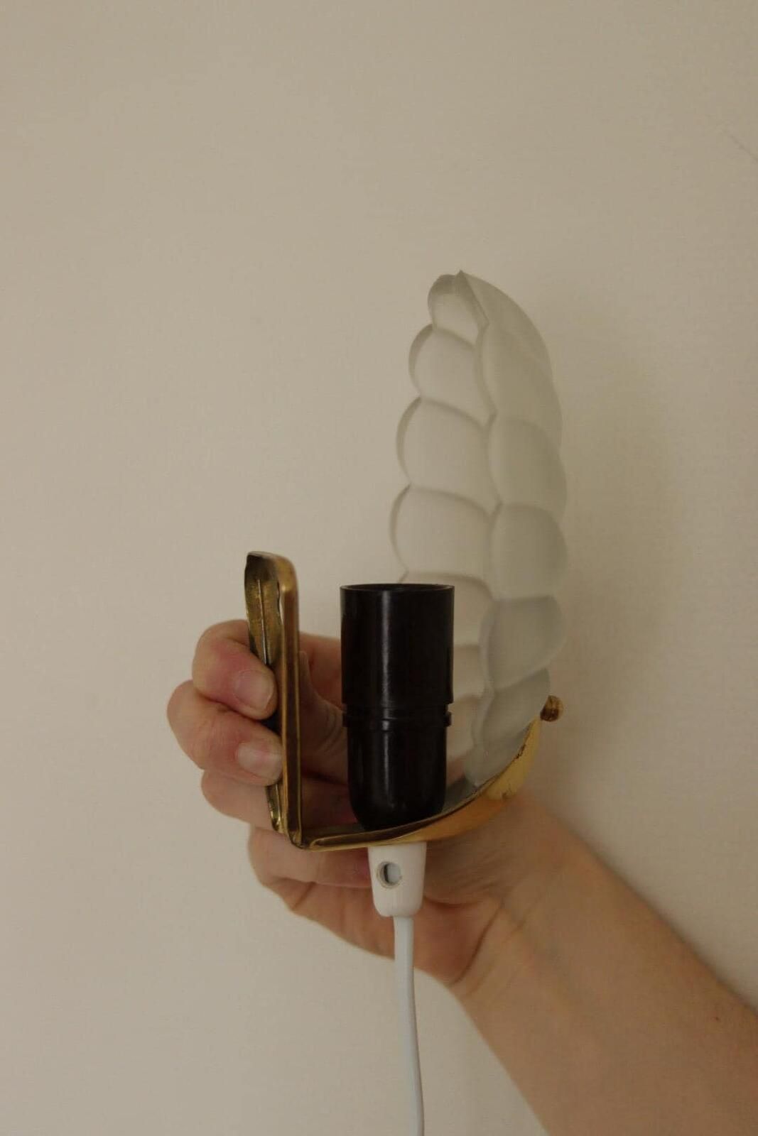 Pair Of Art Deco Brass & Glass Shell Wall Lamps – Denmark, 1930s – Rewired, Working, E14 photo buy