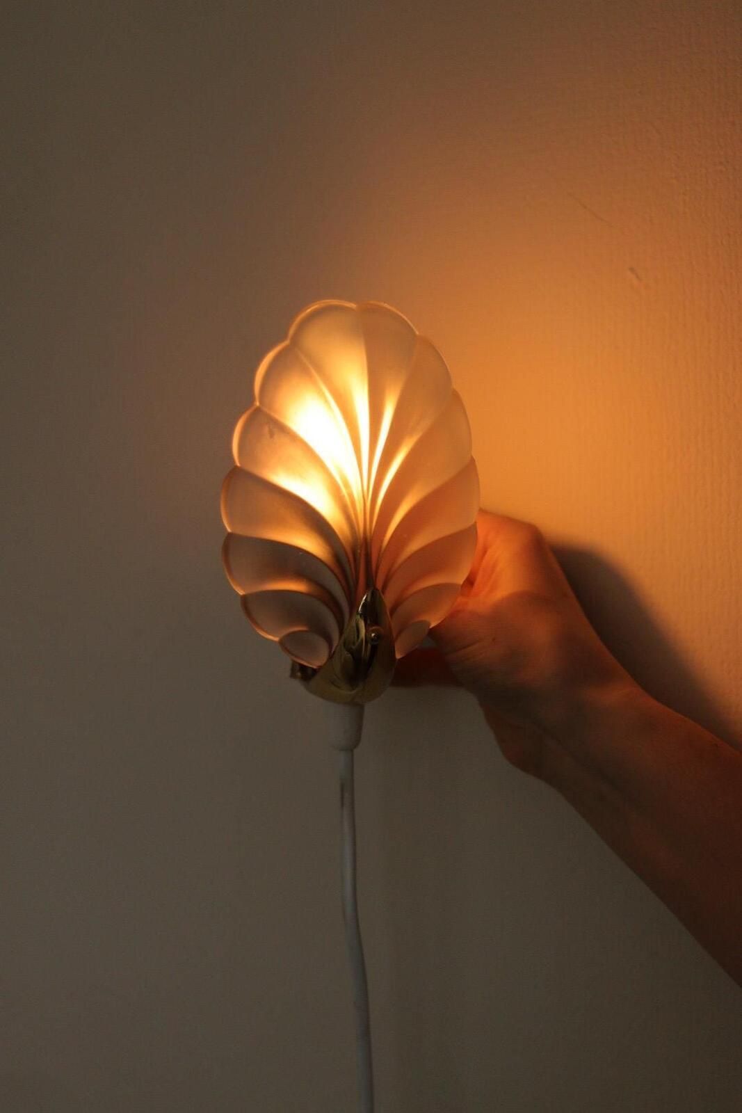 Lighting Pair Of Art Deco Brass & Glass Shell Wall Lamps – Denmark, 1930s – Rewired, Working, E14 photo