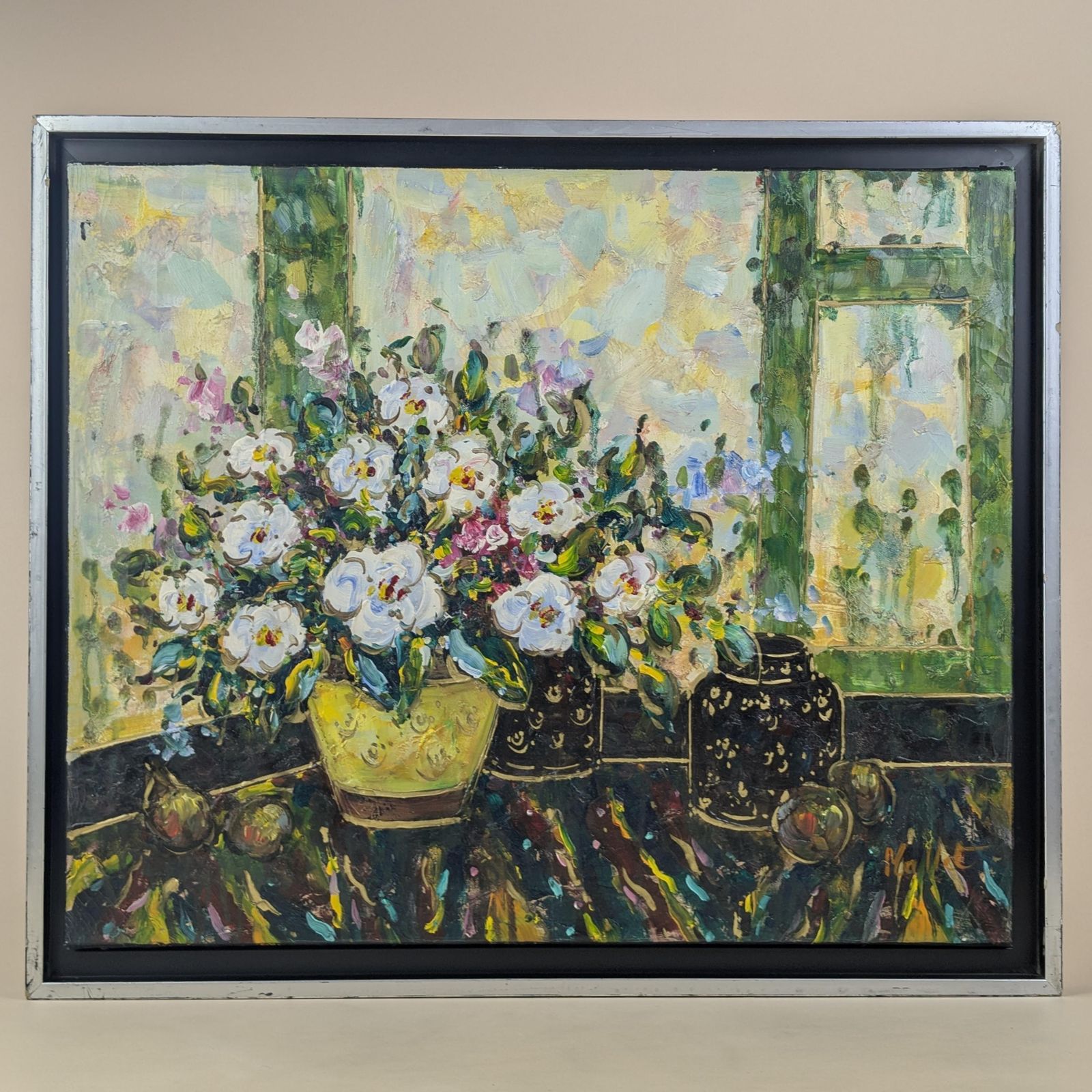 Floral Oil Painting Canvas, Vintage French Impasto Still Life Signed Mallet