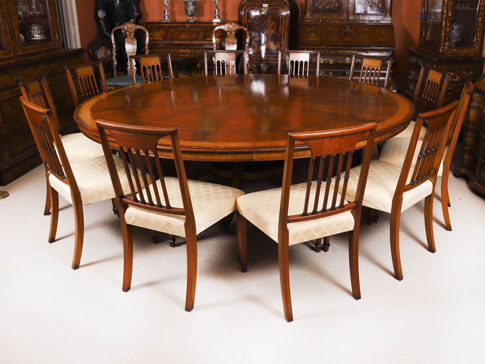 Vintage 7ft6" Diameter Flame Mahogany Jupe Dining Table Set Harrods 20th C