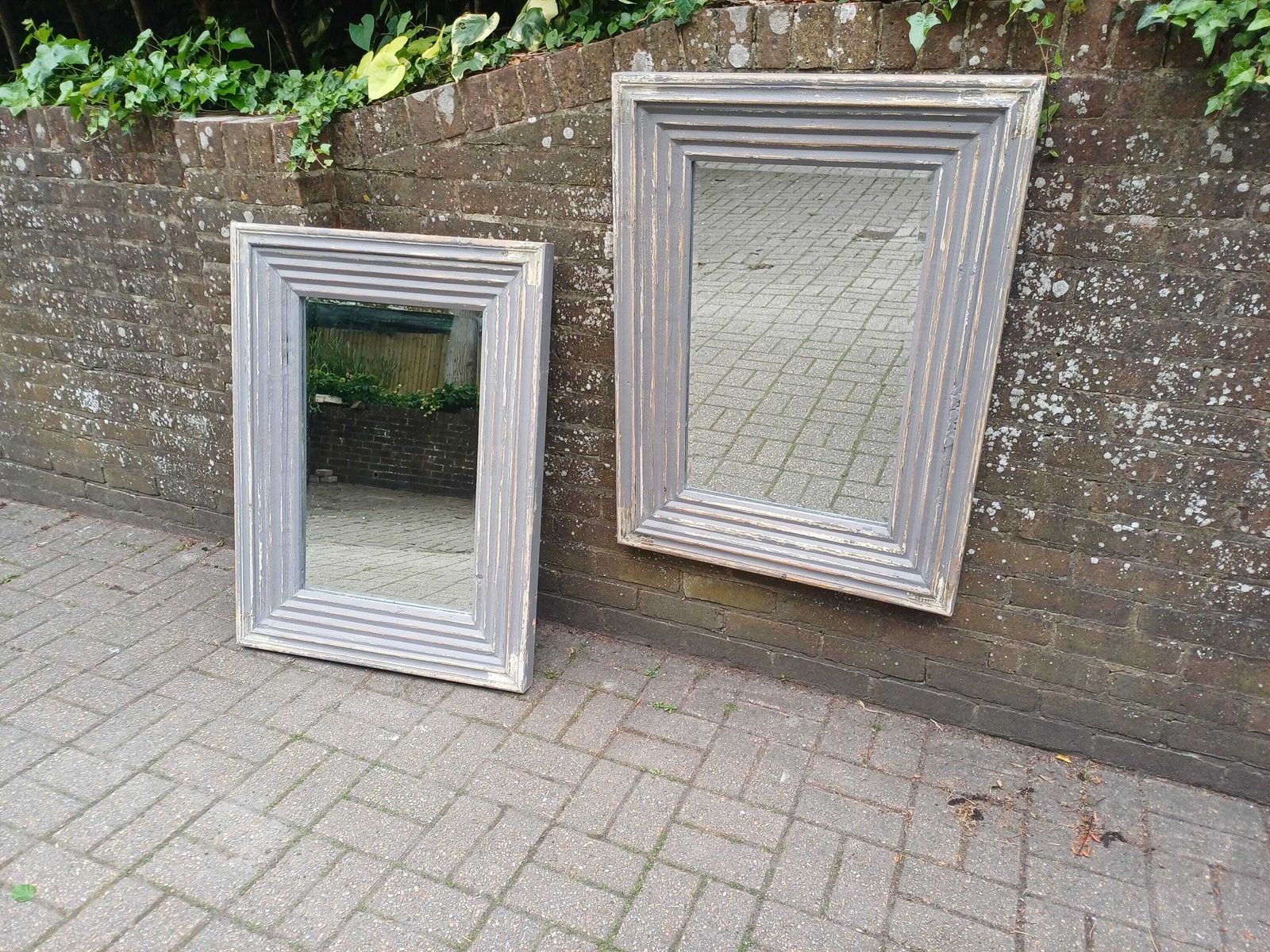 Large Pair Large French Style Distressed Grey Wall Mirrors Vintage Shabby Chic Bevelled Glass Wooden Mirrors Free Hand Delivery photo 395.0