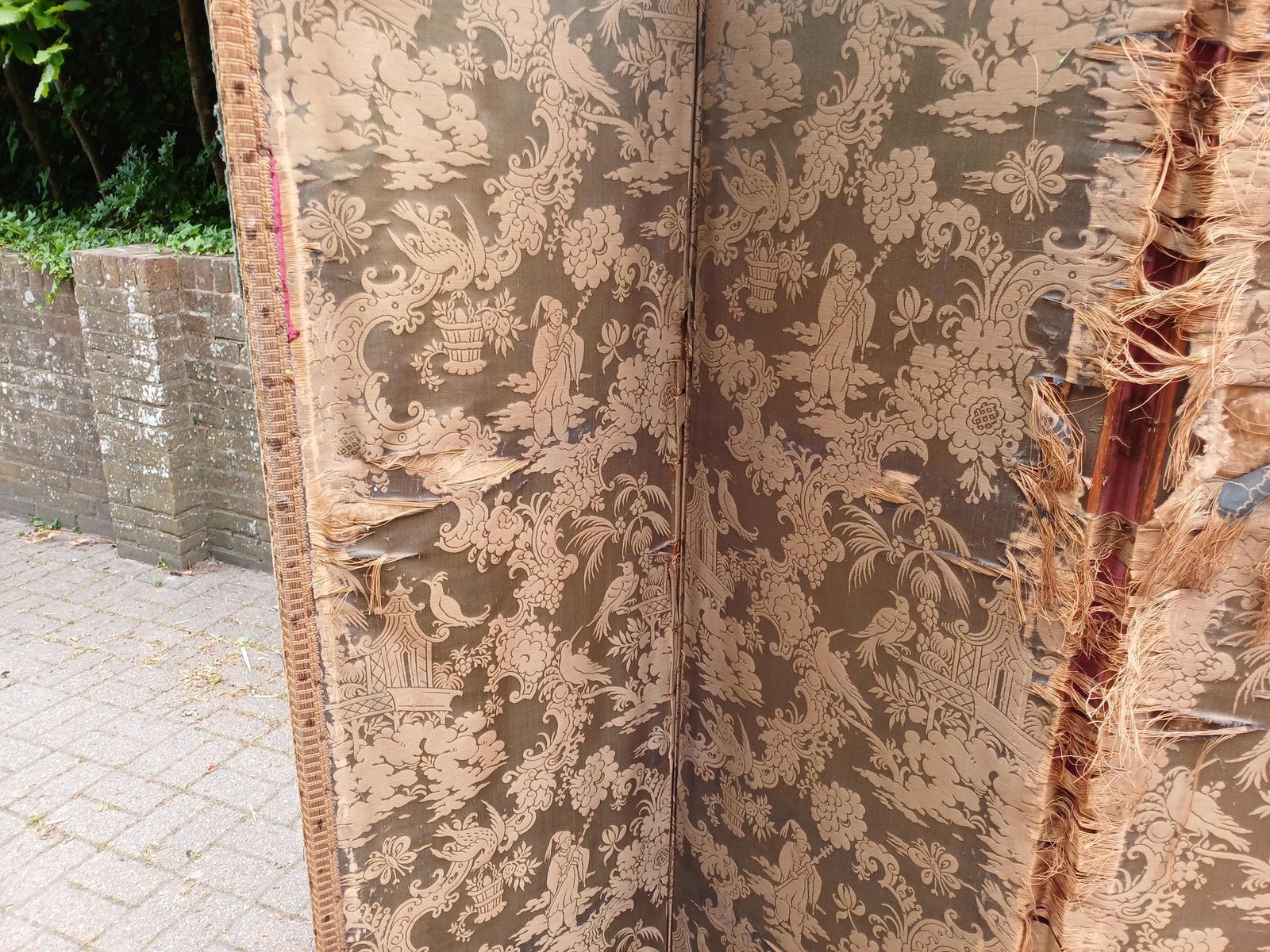 photo for sale Antique Victorian Chinoiserie Folding Screen Room Divider Bohemian Vanity Screen Oriental Fabric Panels Free Hand Delivery