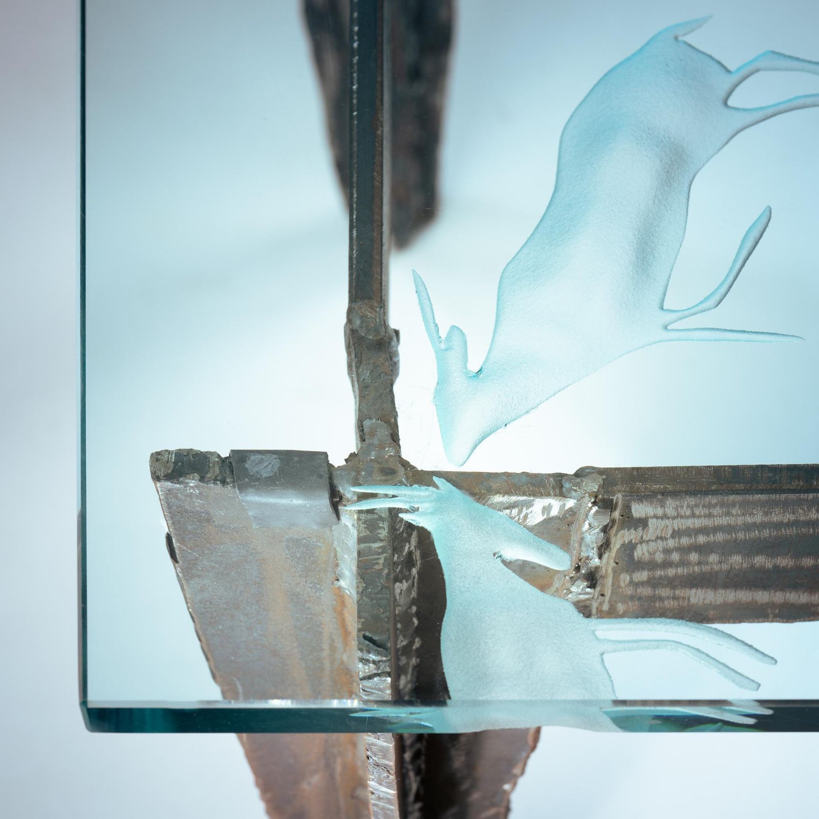 2 Brutalist Steel Side Tables With Primitive Safari Scene Motifs Etched Glass photo Furniture