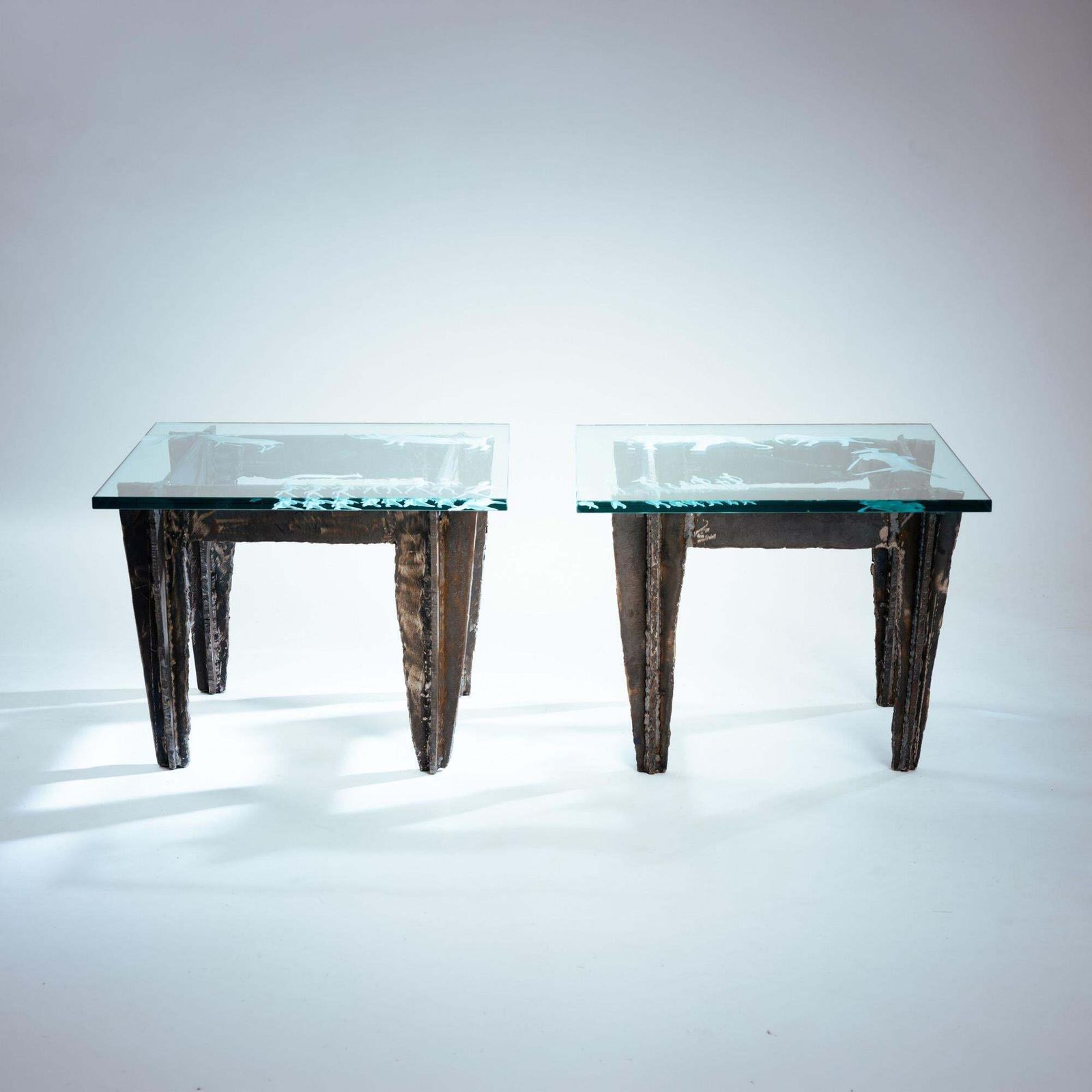 2 Brutalist Steel Side Tables With Primitive Safari Scene Motifs Etched Glass photo vintage