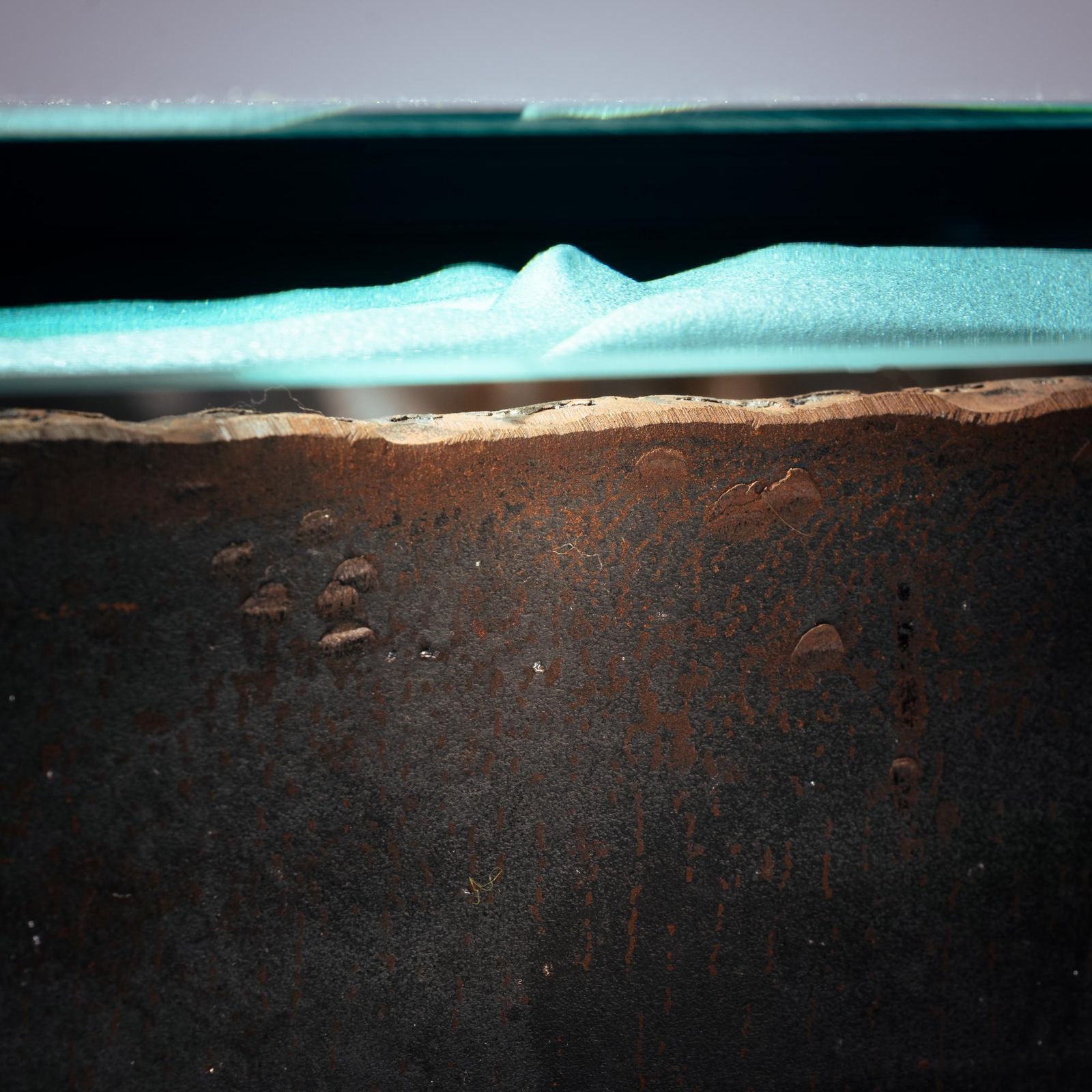 photo buy 2 Brutalist Steel Side Tables With Primitive Safari Scene Motifs Etched Glass
