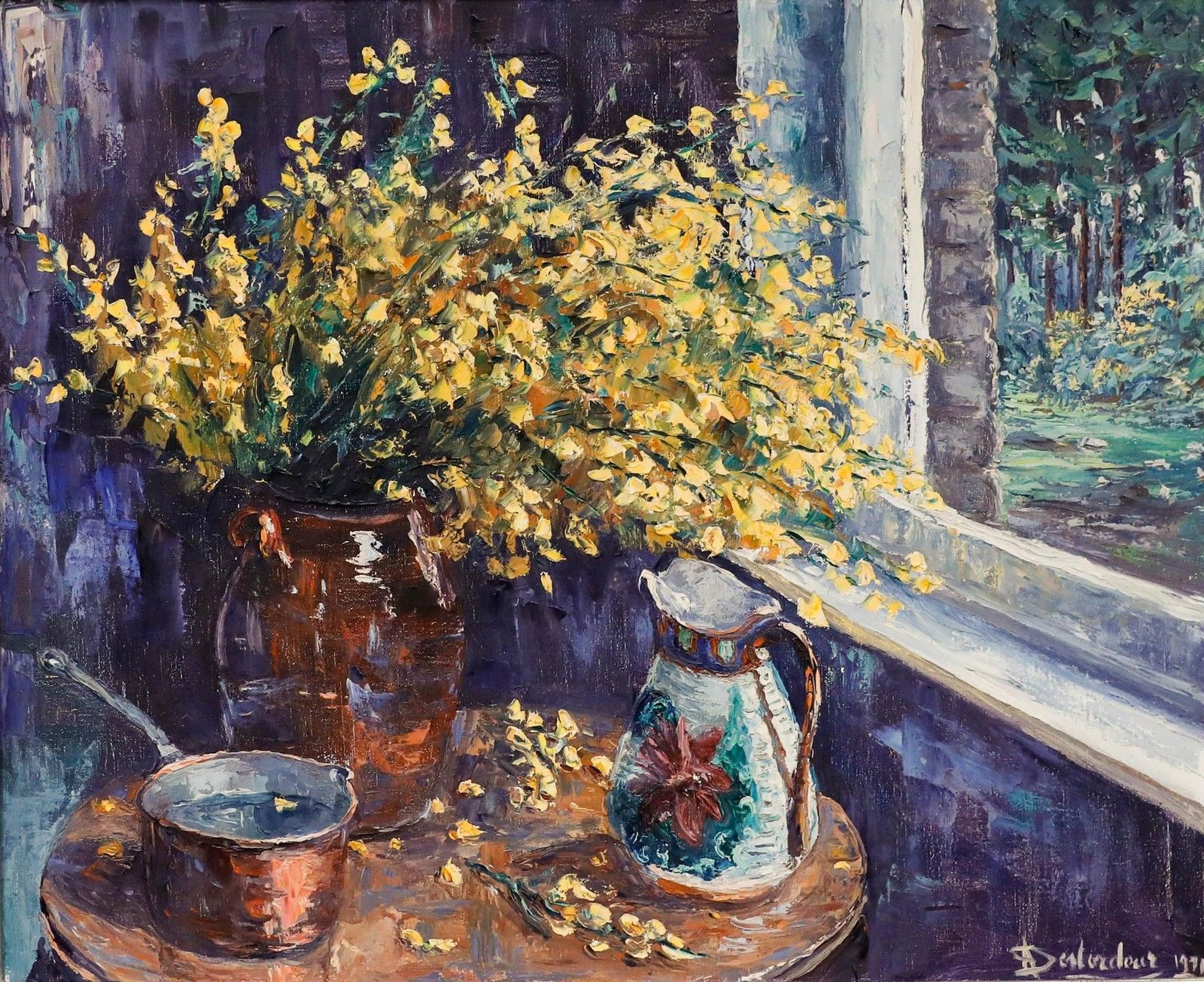 A. Destordeur Framed Mid 20th Century Oil, Flowers By The Window Sill photo furniture