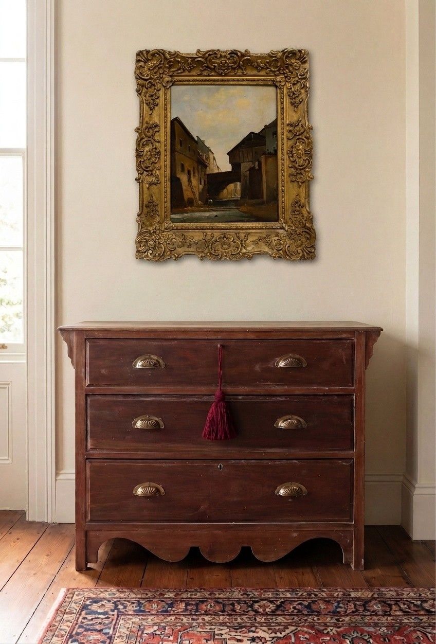 Framed 19th Century Oil Washing Beneath The Bridge photo for sale