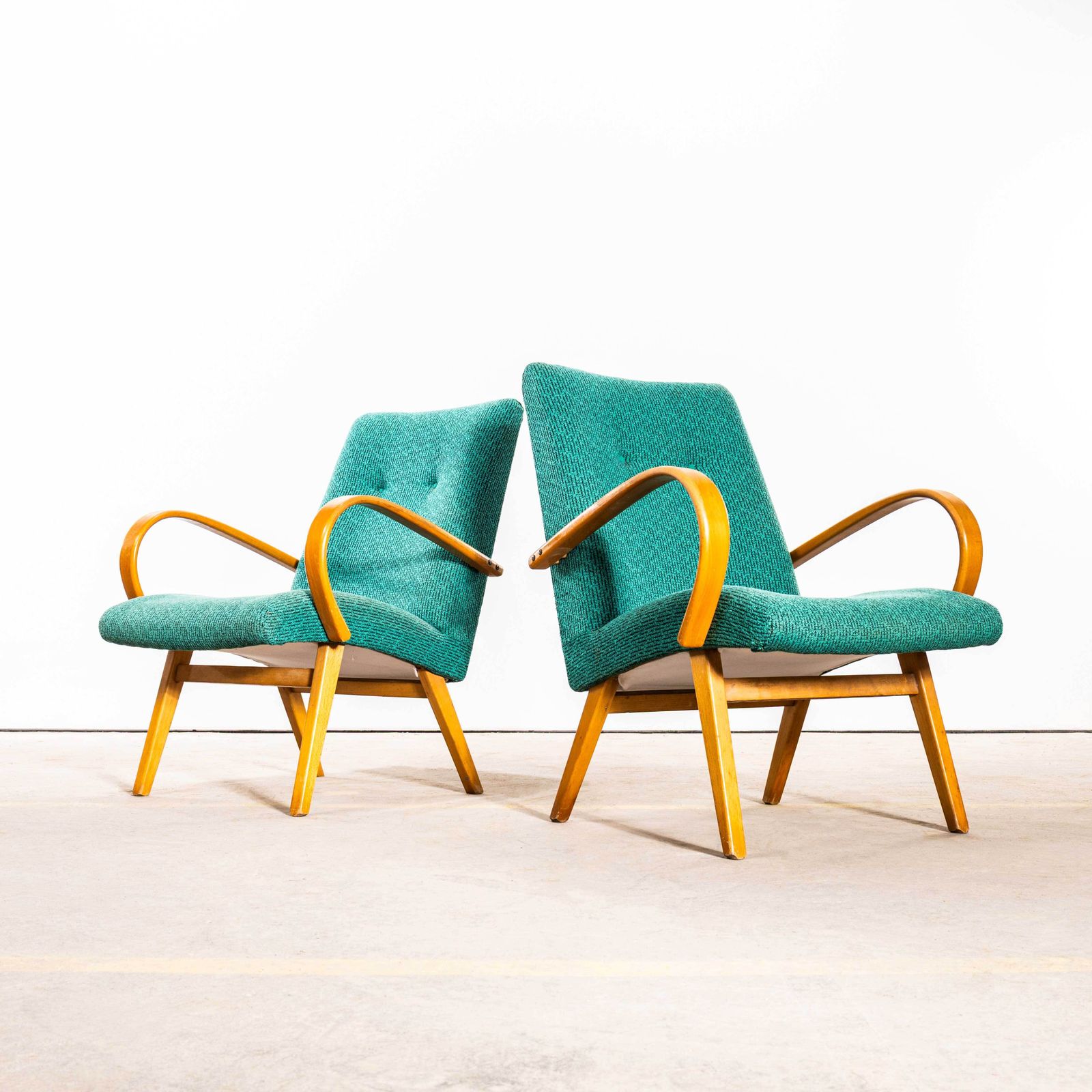 1960's Original Pair Of Armchairs   Teal With Maze Effect