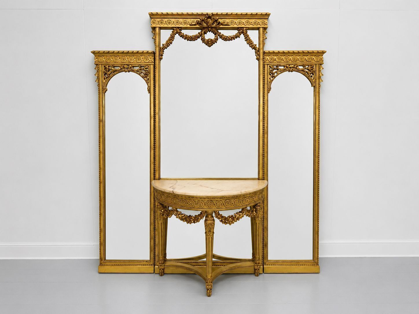 Asnaghi Carved Wood Gilt Triple Wall Mirror With Demi  Lune Marble Console