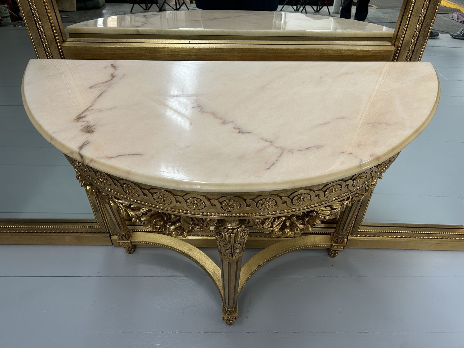 Asnaghi Carved Wood Gilt Triple Wall Mirror With Demi  Lune Marble Console photo buy