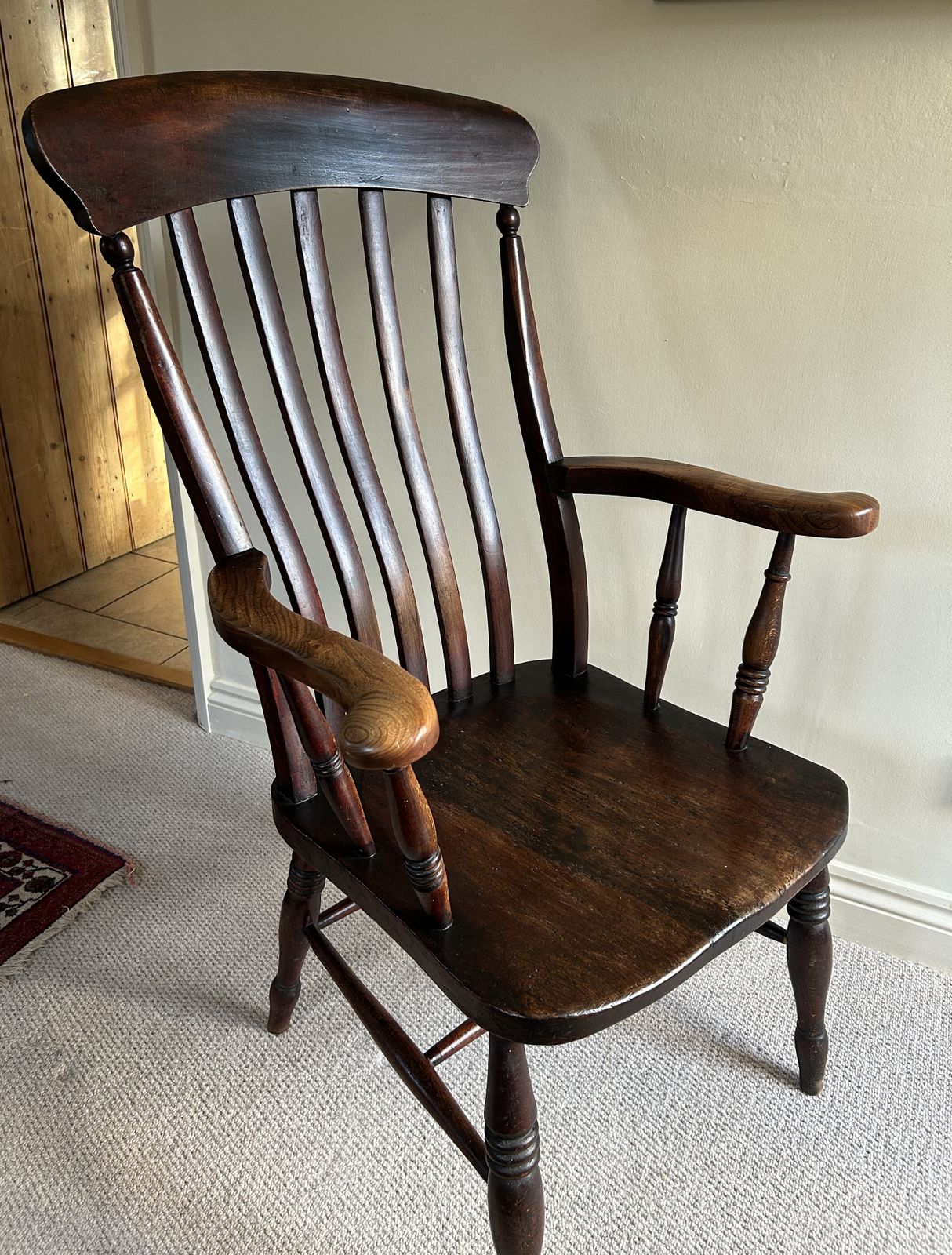 Antique Lath Or Slat Back Elm And Beech Wooden Armchair