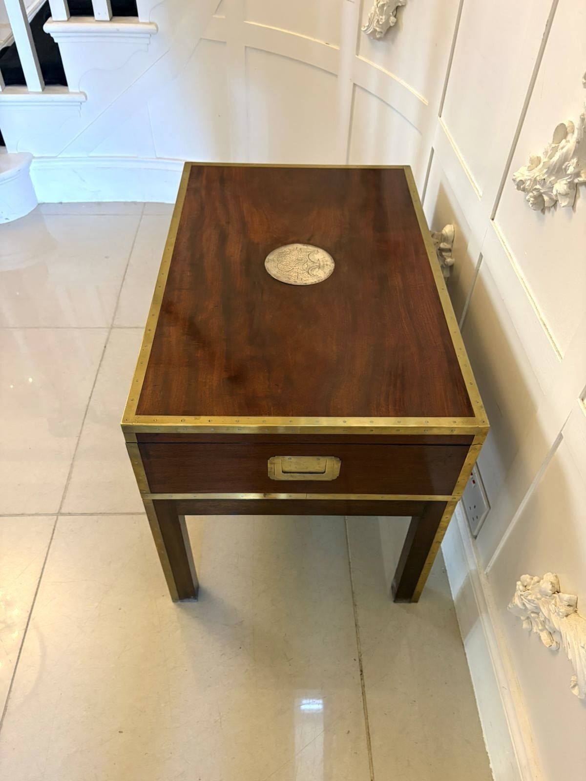 Antique 19th Century Officer’s Brass Bound Mahogany Chest Coffee Table photo vinterior