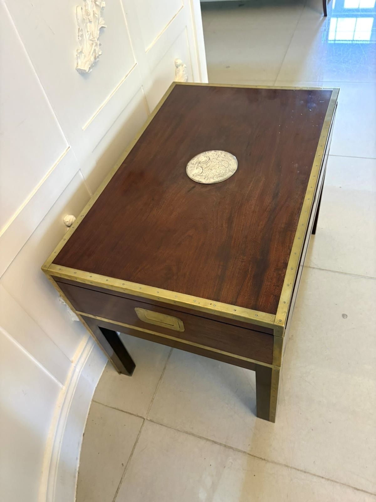 Antique 19th Century Officer’s Brass Bound Mahogany Chest Coffee Table photo vintage