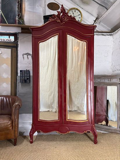 Stunning French Armoire Burgundy Antique Linen Cupboard Mirrored Wardrobe