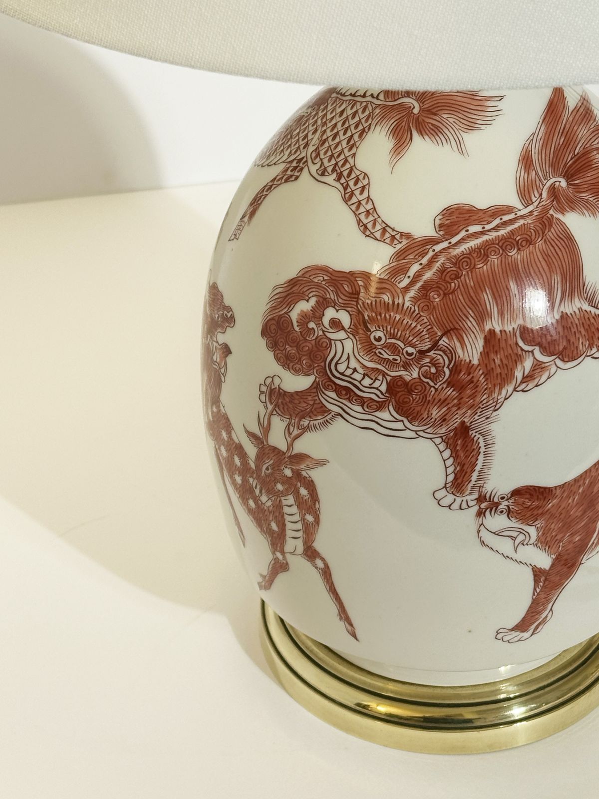 Chinoiserie Porcelain Lamp Base, Copper Red Enamel, French Porcelaine De Paris, 1970s photo for sale