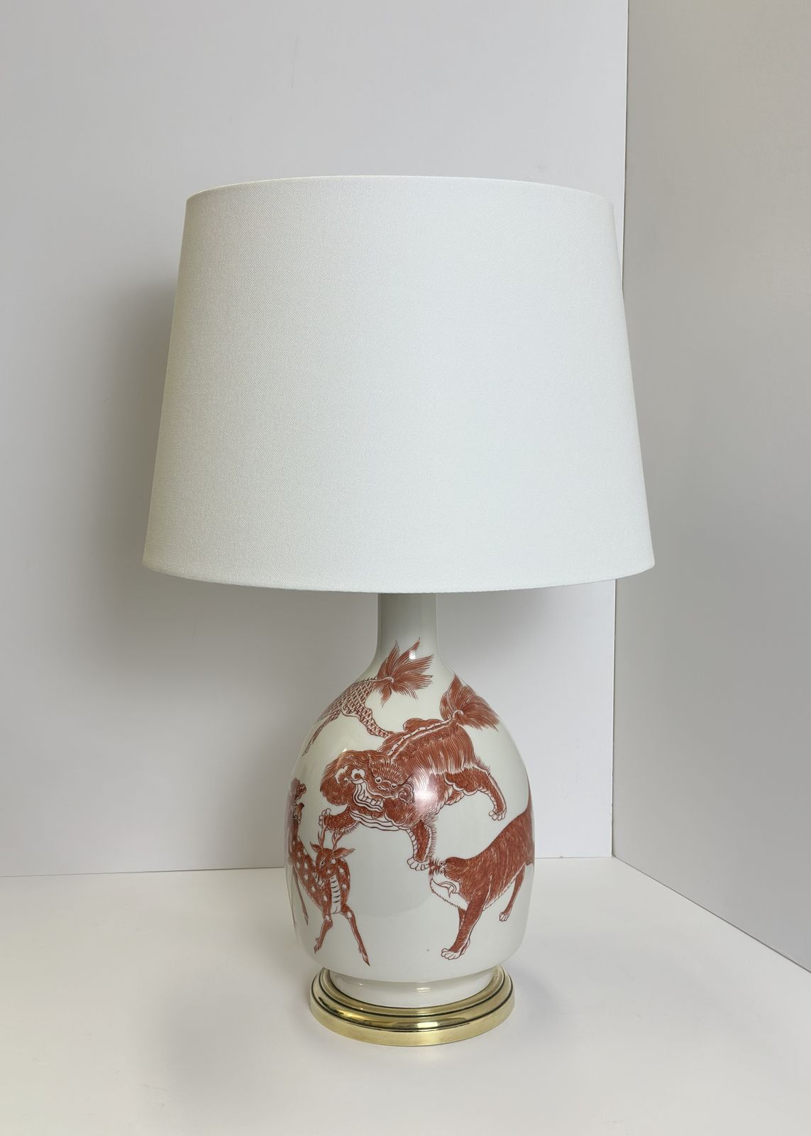 Chinoiserie Porcelain Lamp Base, Copper Red Enamel, French Porcelaine De Paris, 1970s photo Lighting