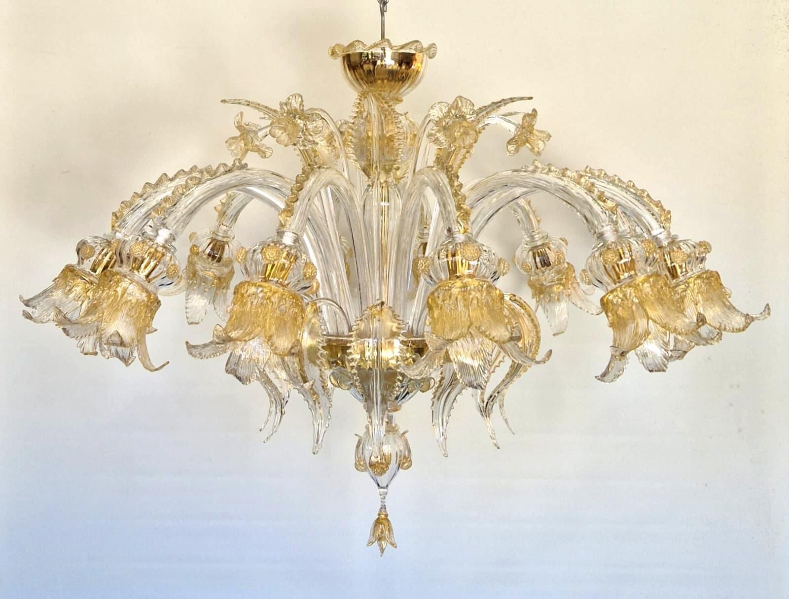 photo furniture Venetian Transparent And Gold Murano Glass Chandelier With Flowers And Leaves.