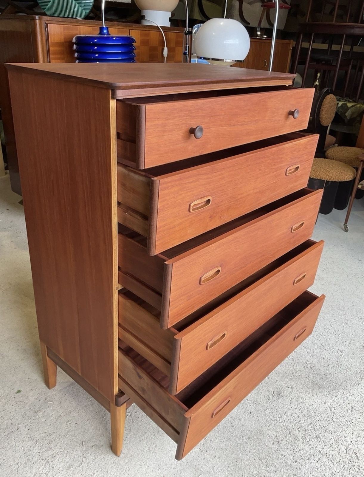 Mid Century Danish Style Teak Chest Of Drawers / Tallboy Dresser 1970s photo for sale