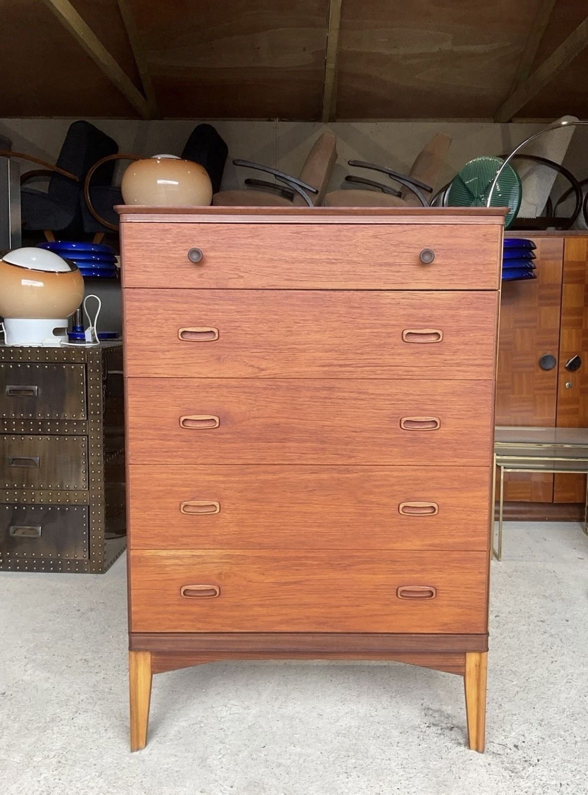 Mid Century Danish Style Teak Chest Of Drawers / Tallboy Dresser 1970s