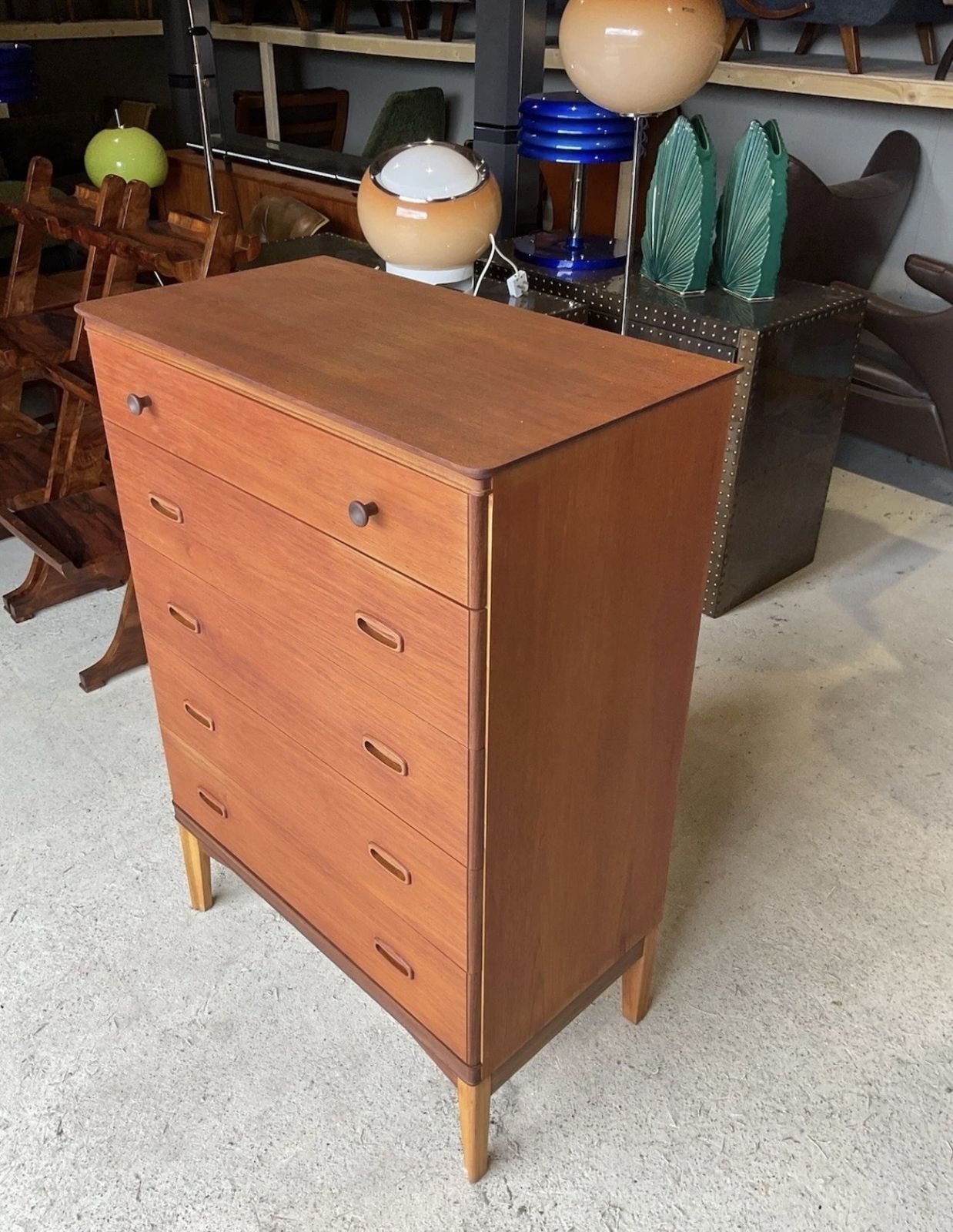 photo for sale Mid Century Danish Style Teak Chest Of Drawers / Tallboy Dresser 1970s
