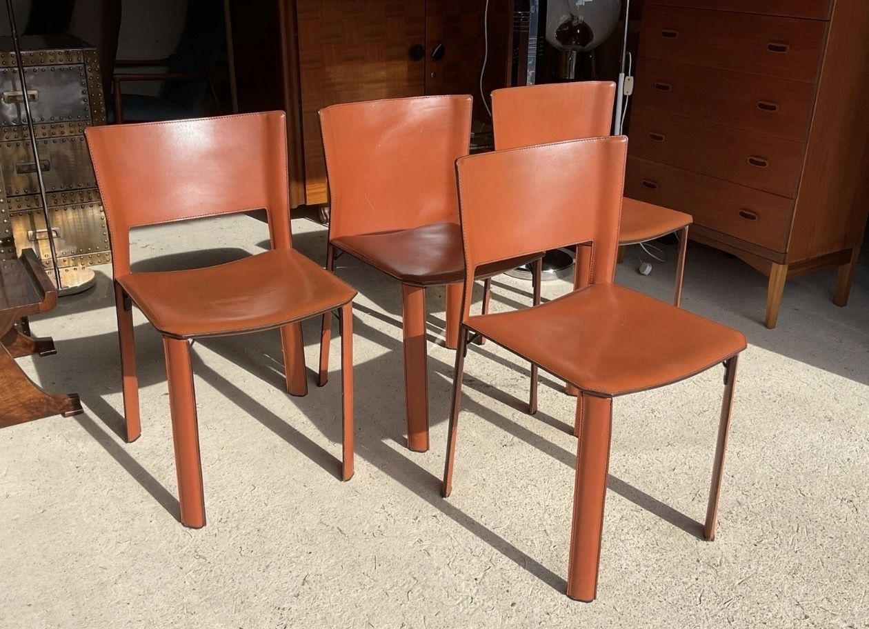 Postmodern Tan Leather Dining Chairs & Table By Giancarlo Vegni For Fasem 1980s photo 1785.0