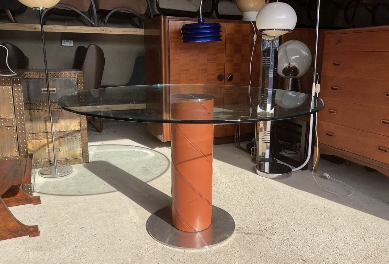 Postmodern Tan Leather Dining Chairs & Table By Giancarlo Vegni For Fasem 1980s photo vinterior