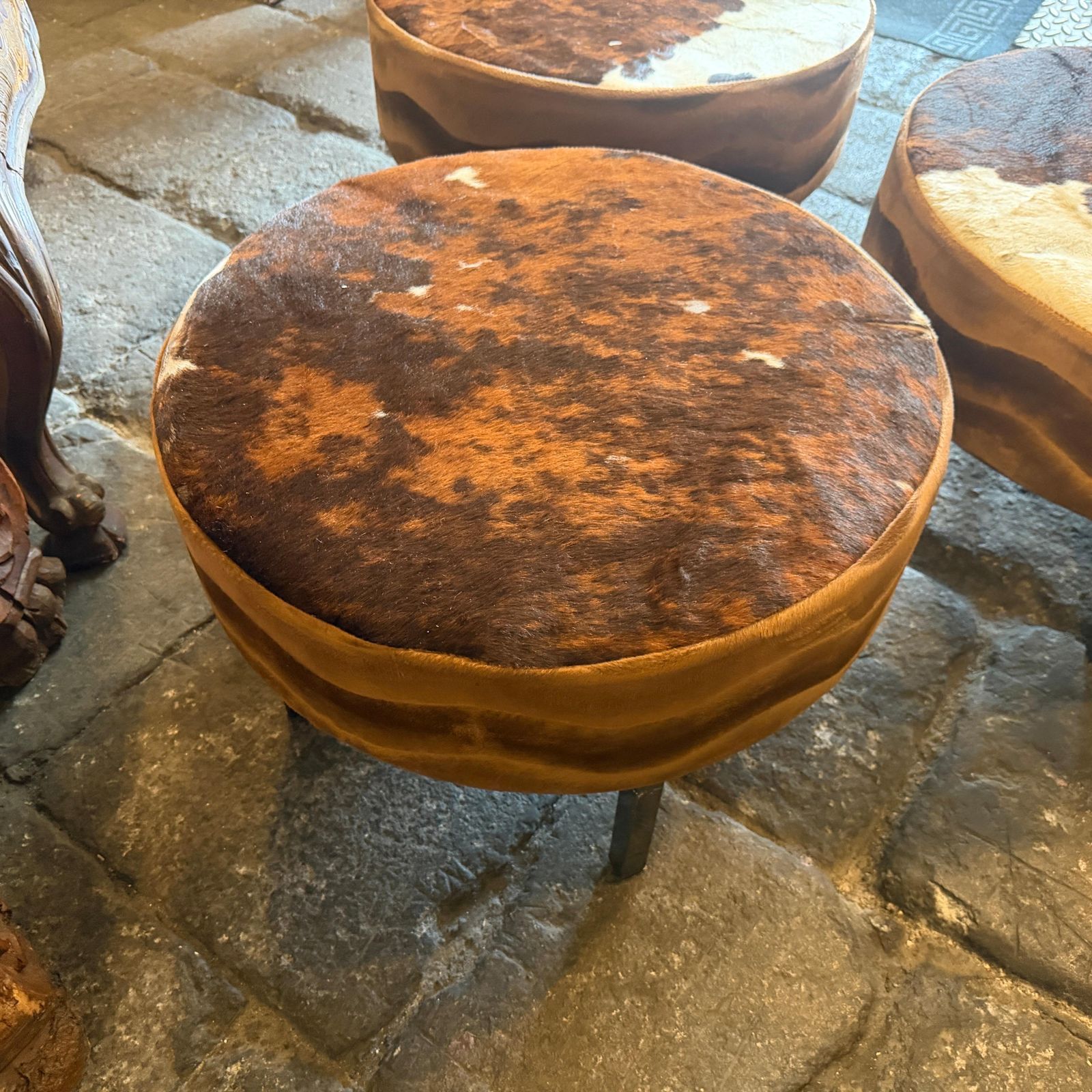 Set Of Three 1980s Cow Leather Italian Round Poufs photo furniture