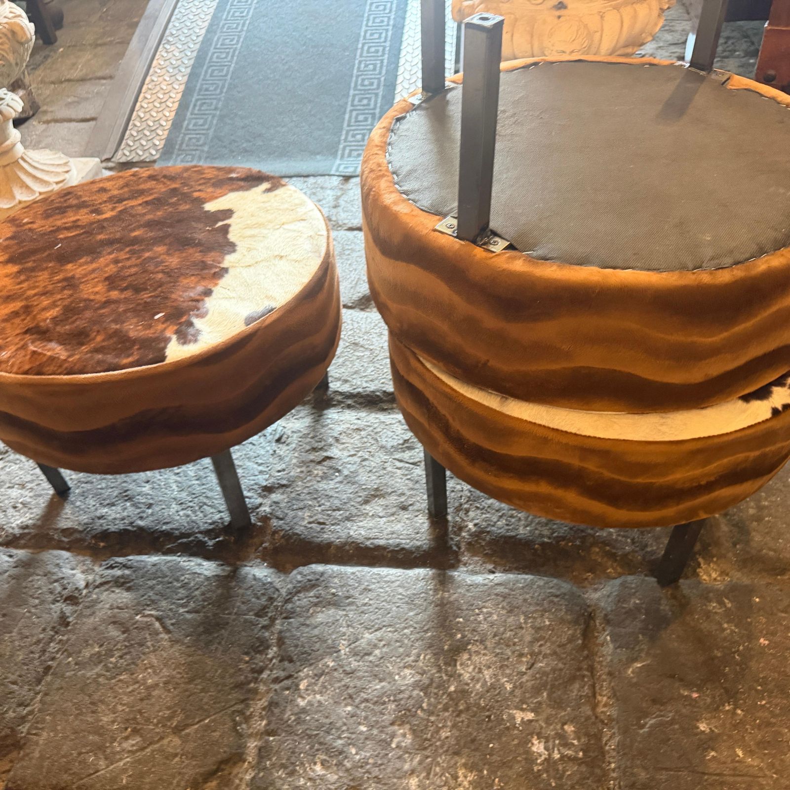 Set Of Three 1980s Cow Leather Italian Round Poufs photo buy
