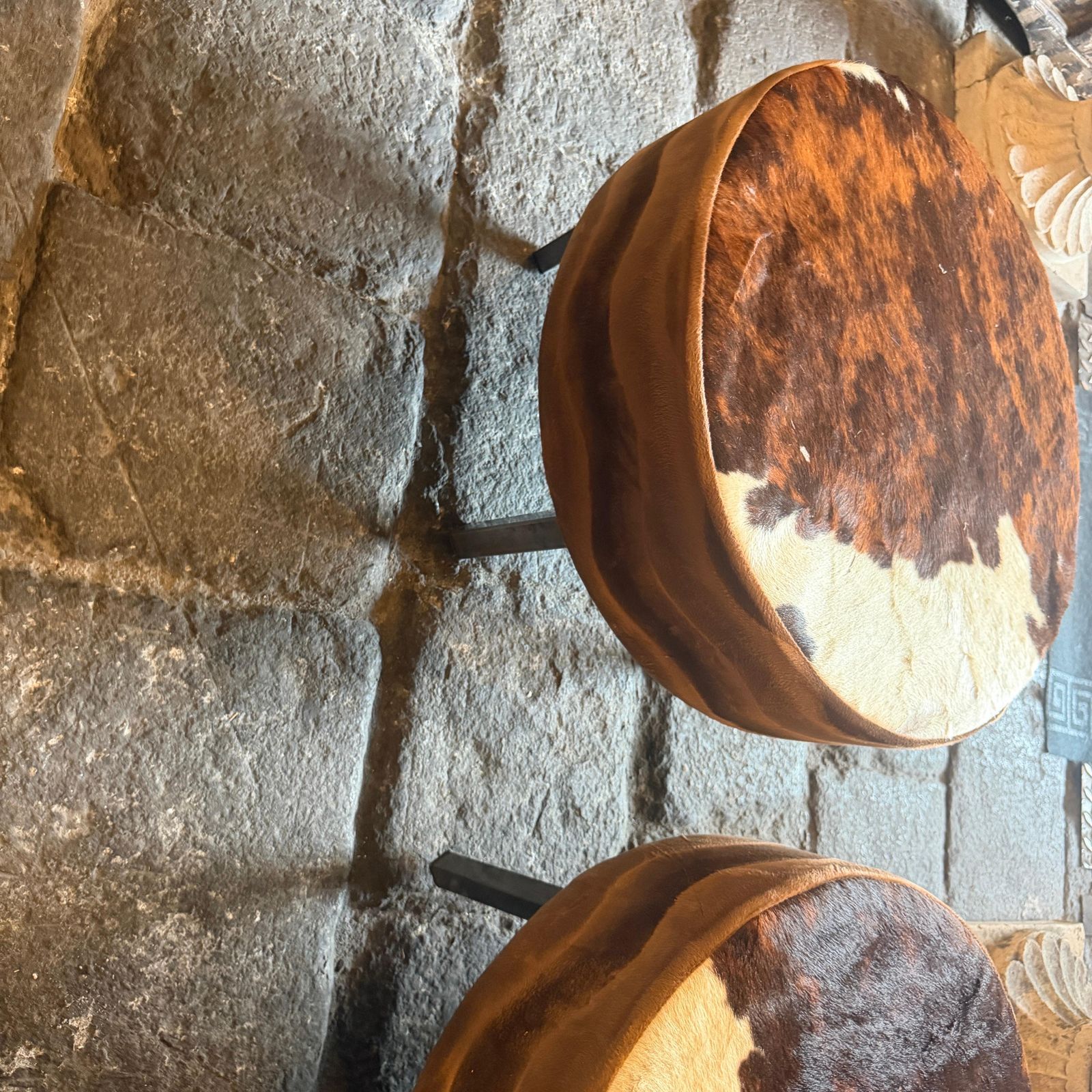 Set Of Three 1980s Cow Leather Italian Round Poufs photo vintage