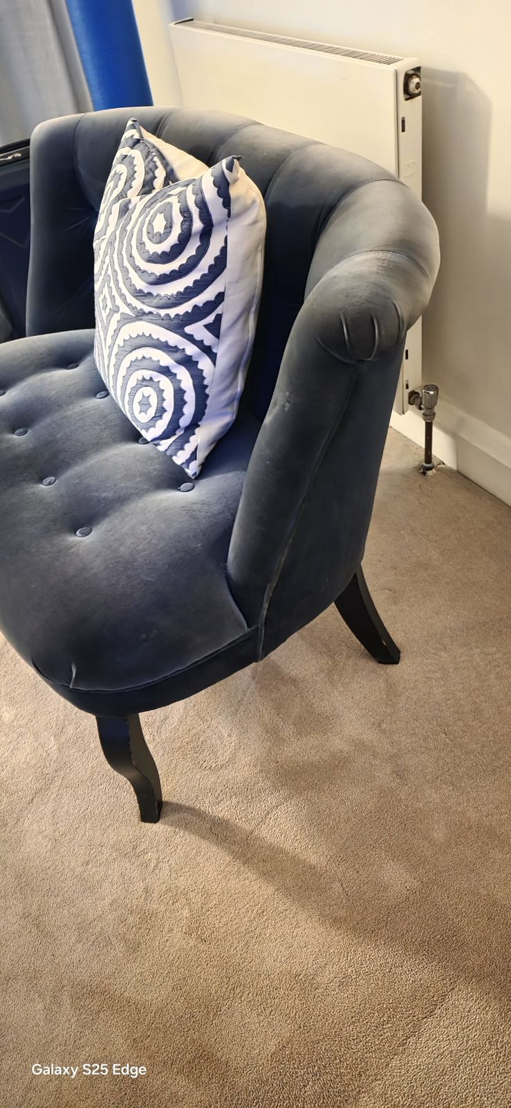 Oliver Bonas Blue Velvet Love Seat – Excellent Condition photo furniture