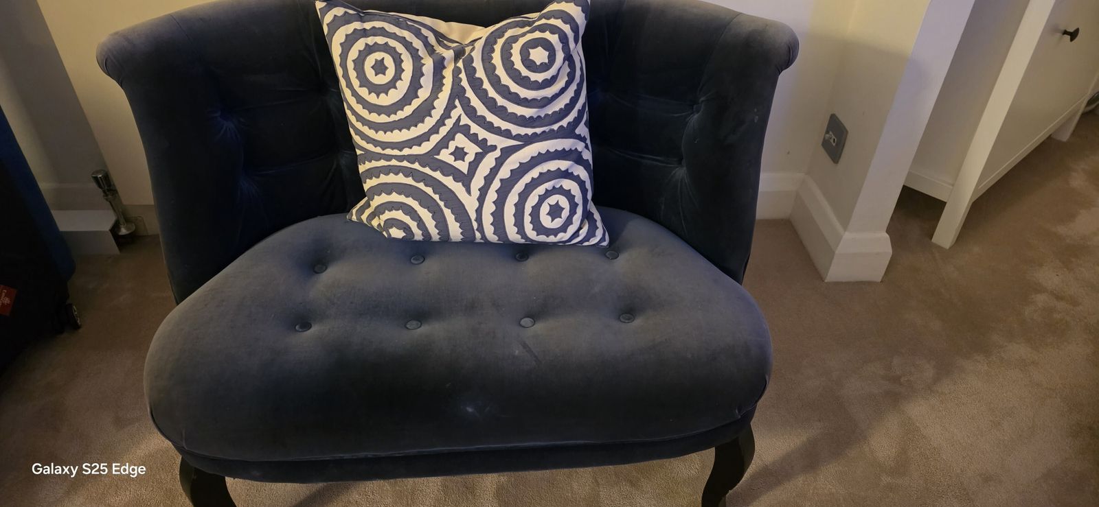 Oliver Bonas Blue Velvet Love Seat – Excellent Condition photo for sale