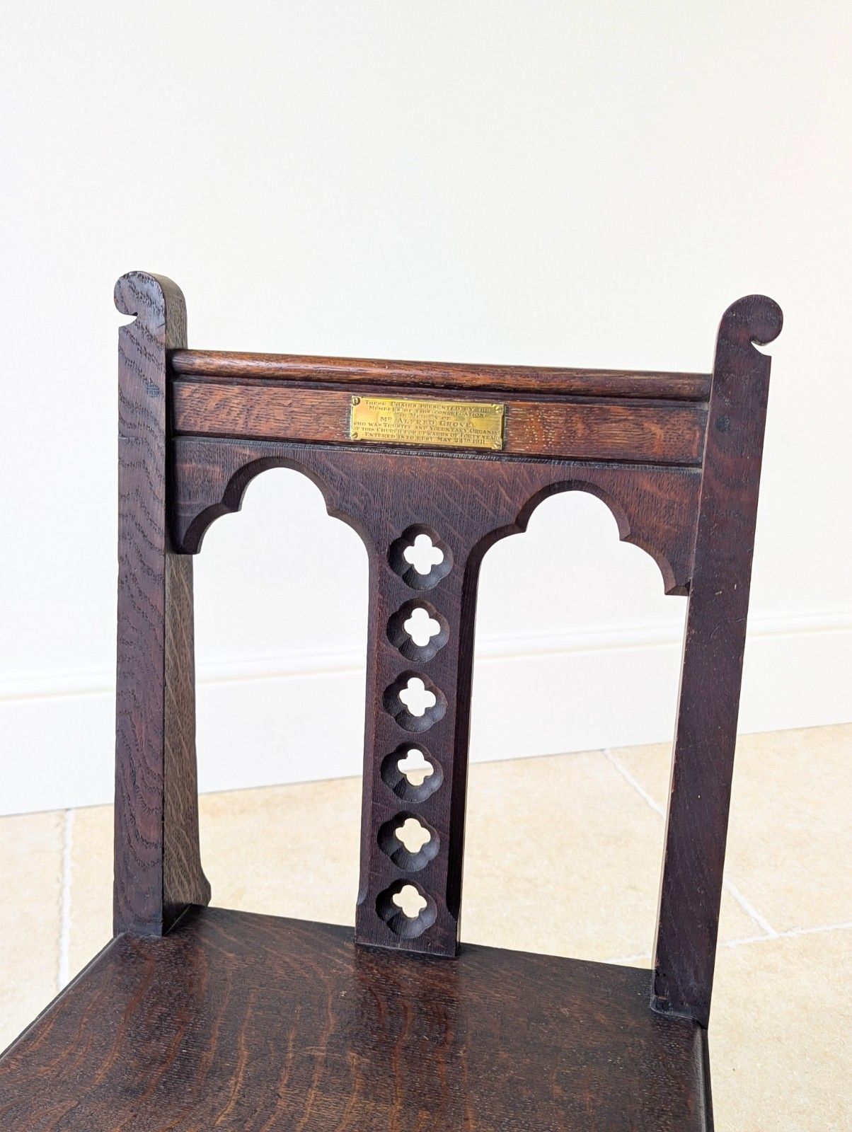 Antique Edwardian Gothic Revival Oak Church Chairs C.1911 photo vinterior