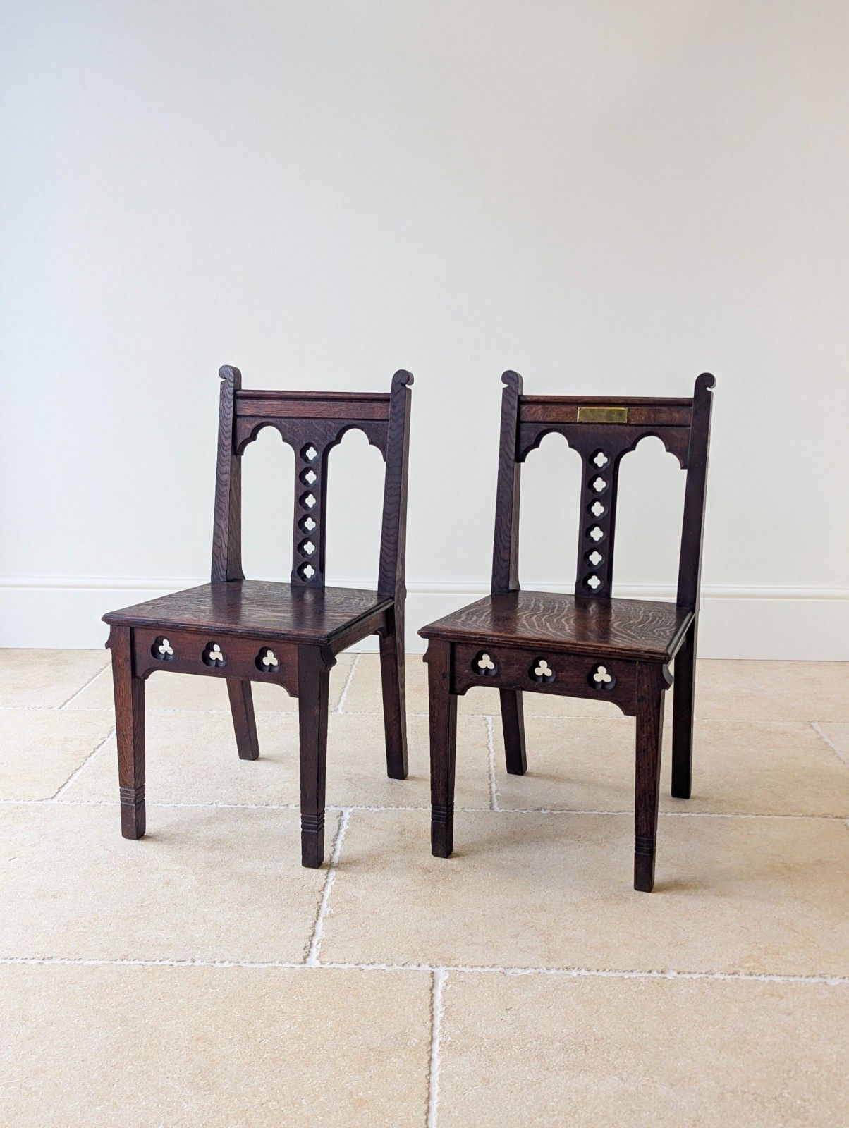 Furniture Antique Edwardian Gothic Revival Oak Church Chairs C.1911 photo