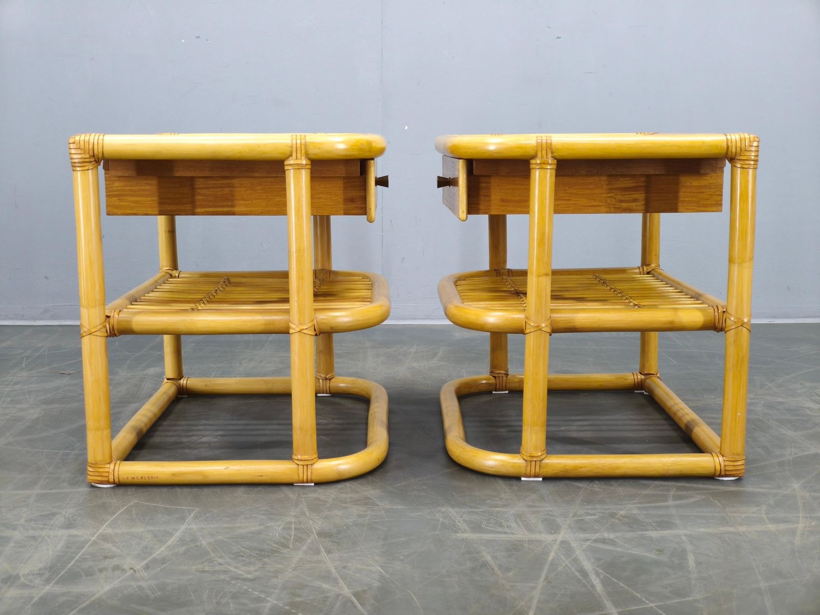 Pair Of Bamboo Bedside Tables By Kenneth Bergenblad For Dux, 1960s photo vinterior